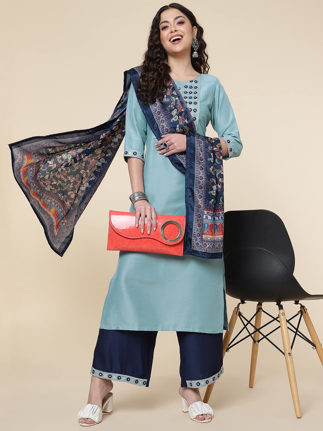 Shiv Textiles Silk Embroidered Kurta Set for Women - Sky Blue - Image 5