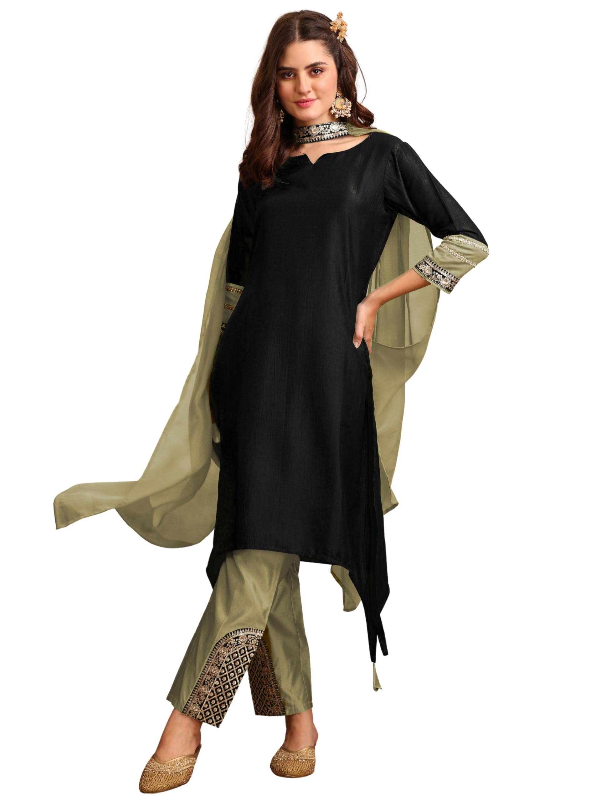 Kurta Pant Set with Choker Dupatta - Black