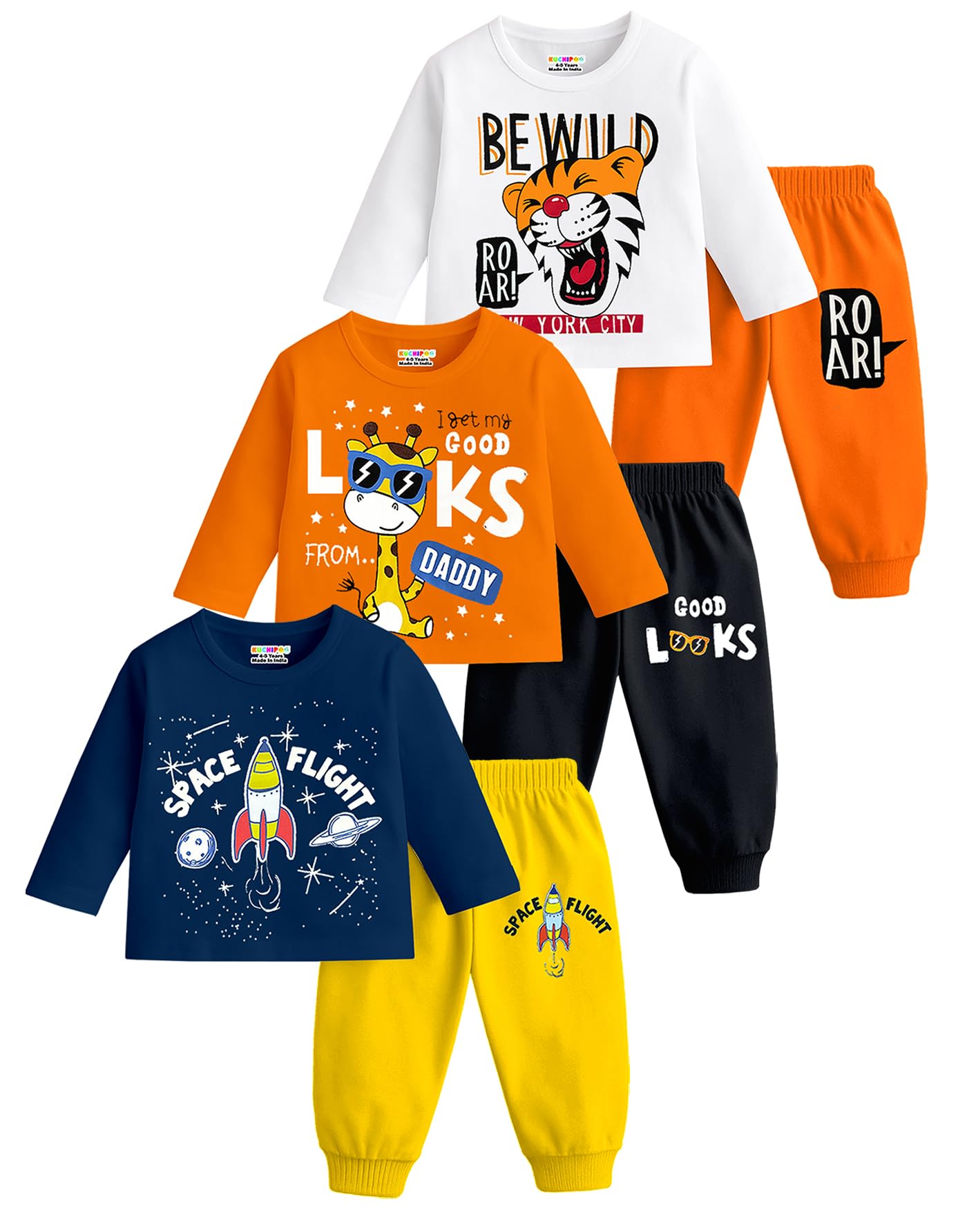 Kuchipoo Boy Cotton T-Shirts and Pyjamas Set - Multi-Colored