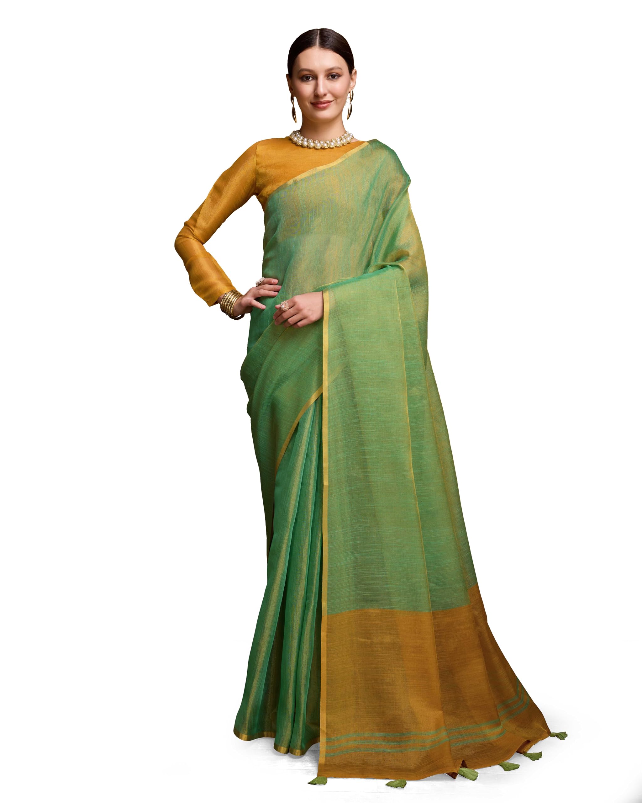 SWORNOF Women's Linen Cotton Saree