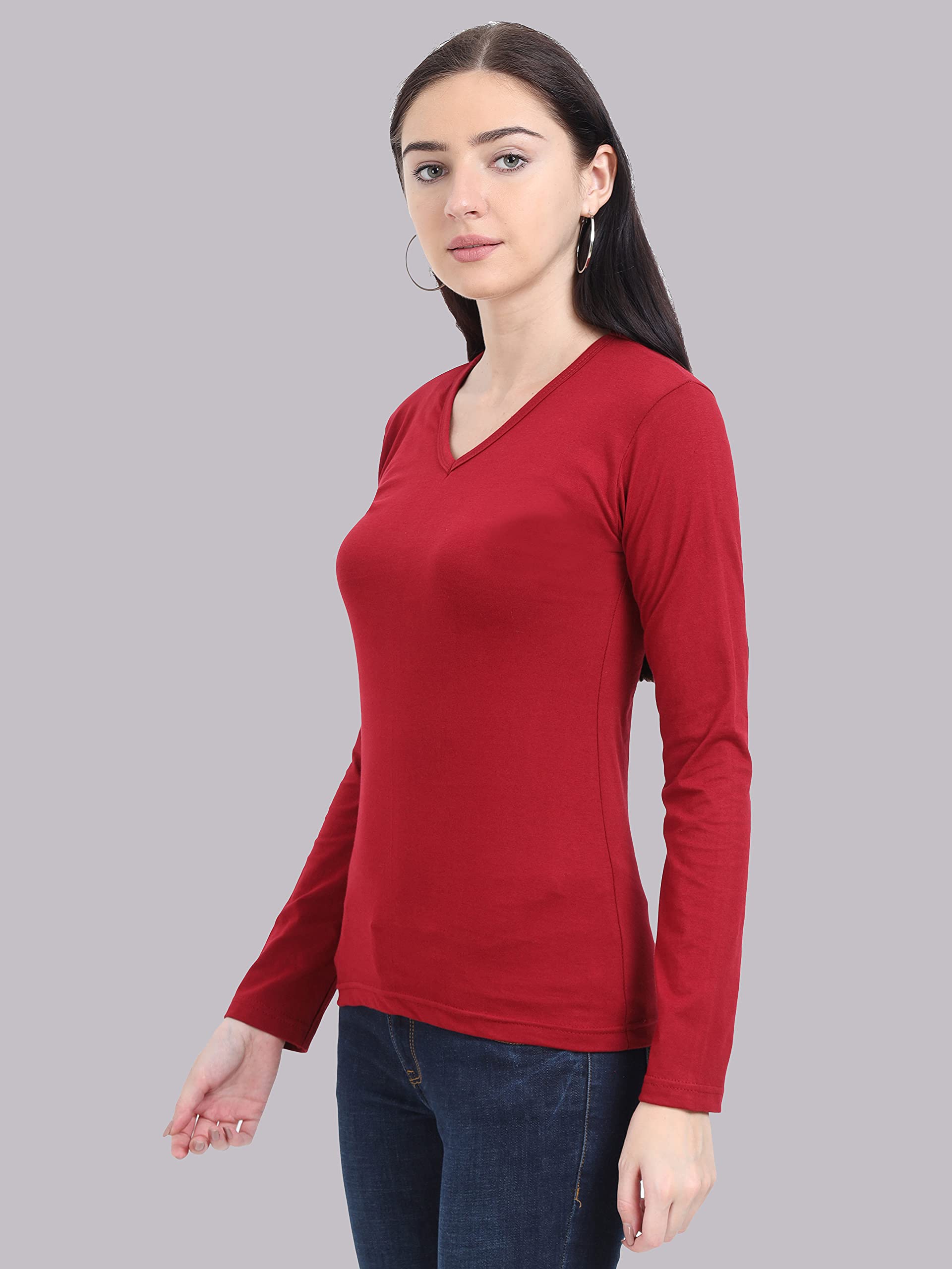 Maroon V-Neck Cotton T-Shirt for Women - Image 3