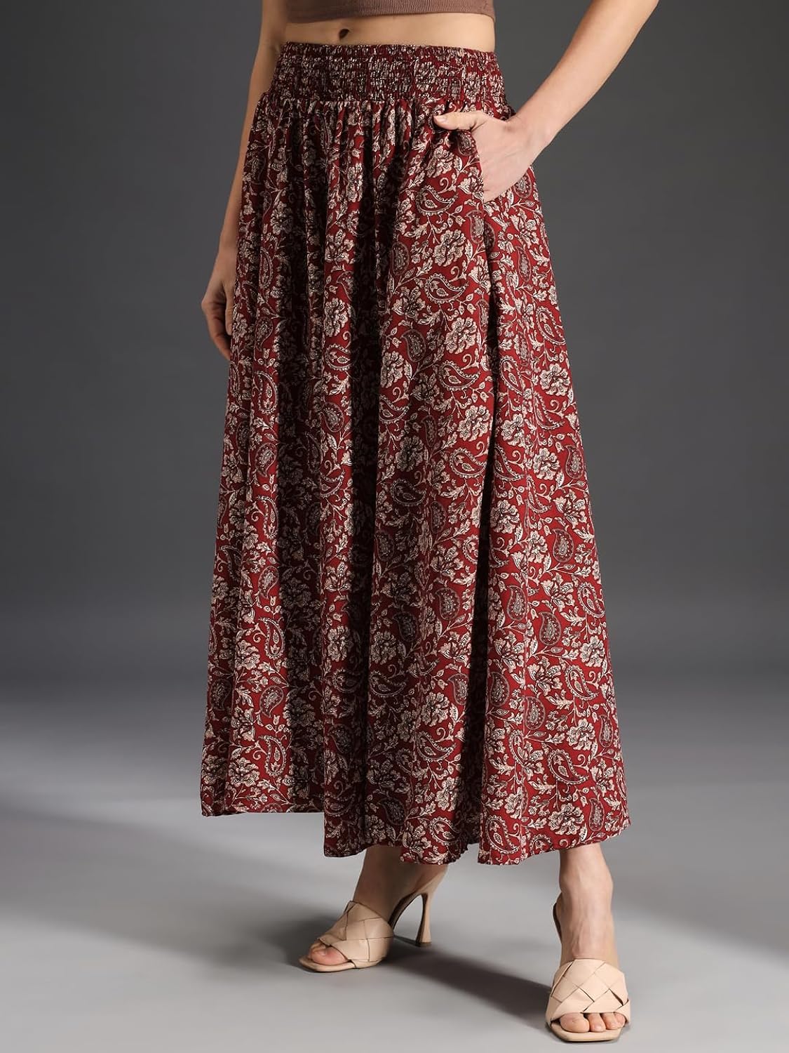 SCUBE DESIGNS Maroon Floral Viscose Crepe Flared Palazzo Pants for Women - Image 2