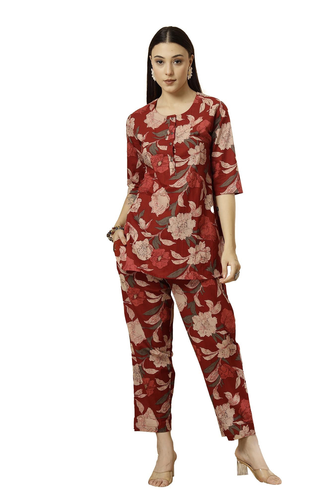 GarbGlide Women Floral Cotton Co-ord Set - Maroon