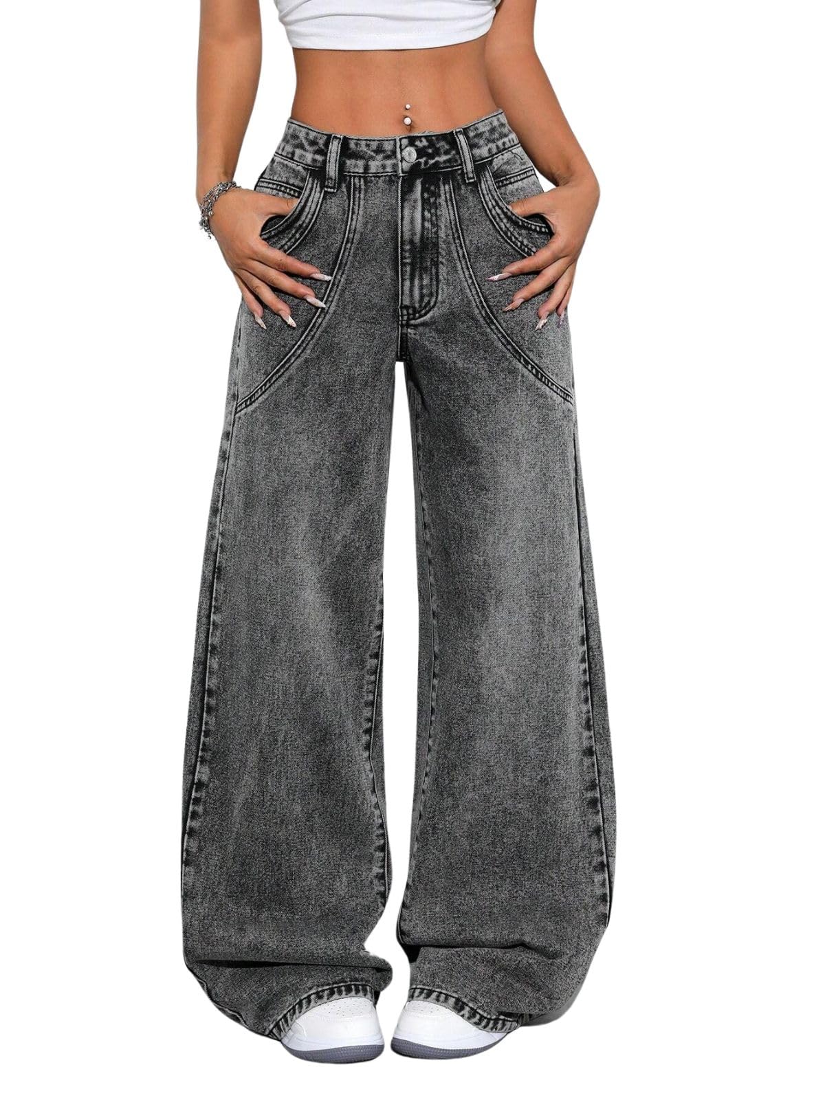 Greciilooks High-Waist Baggy Jeans for Women - Grey