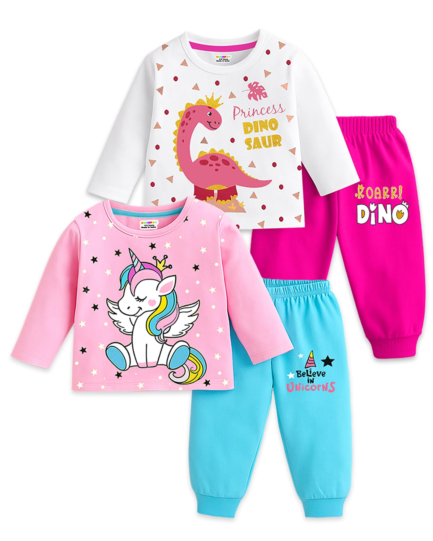 Kuchipoo Girl Cotton T-Shirts and Pyjamas Set - Multi-Colored