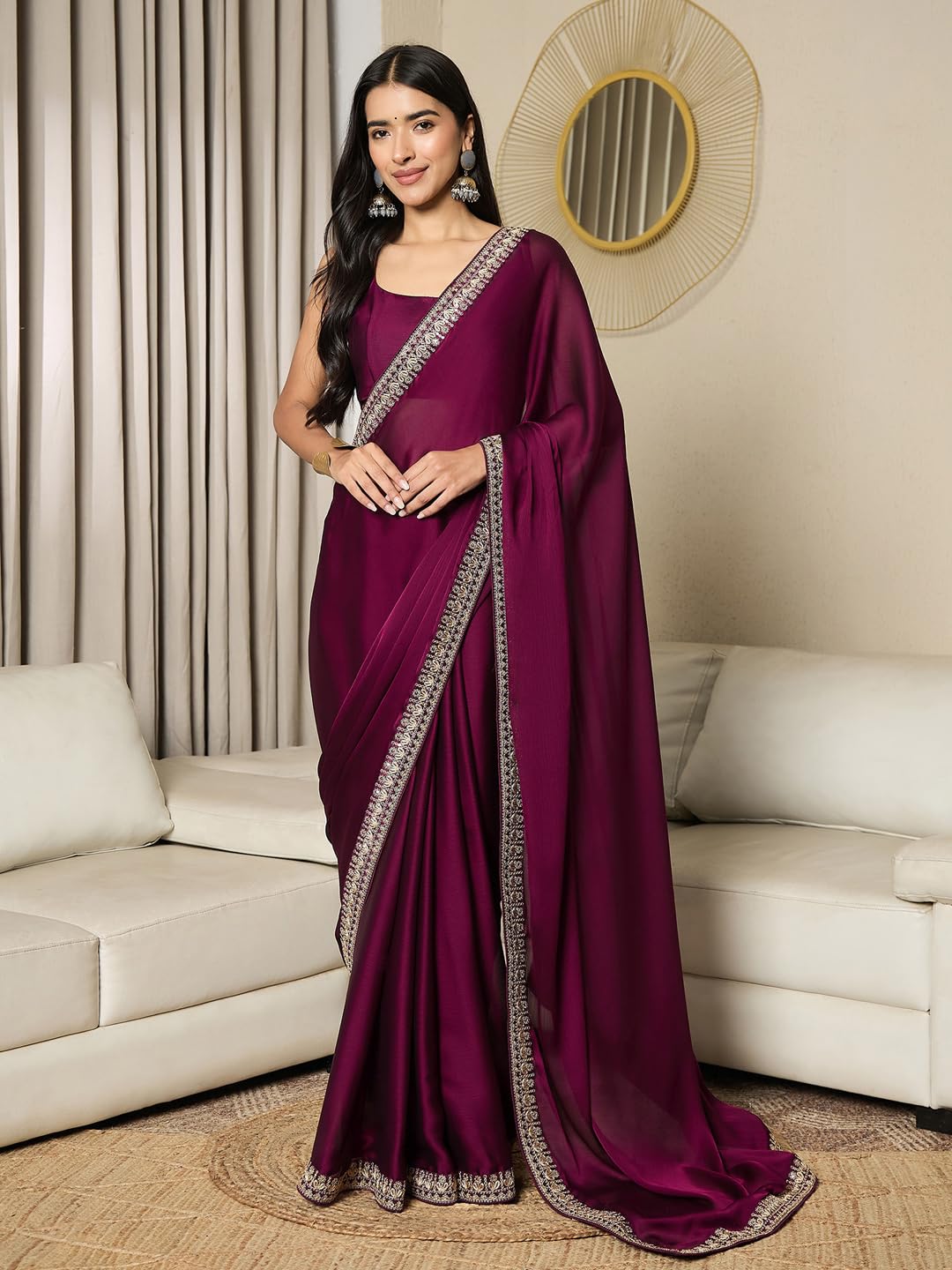 AKHILAM Women's Magenta Satin Saree - Image 3
