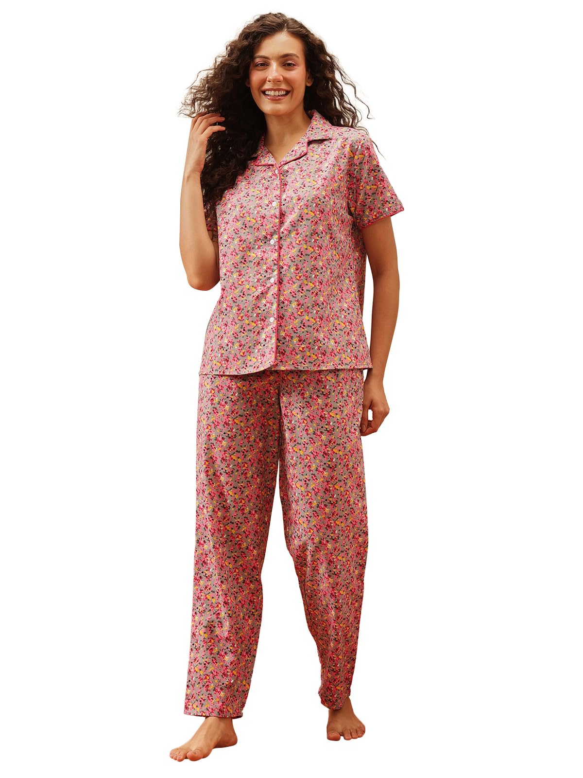 Clovia Women's Cotton Floral Printed Shirt & Pyjama Set - Pink