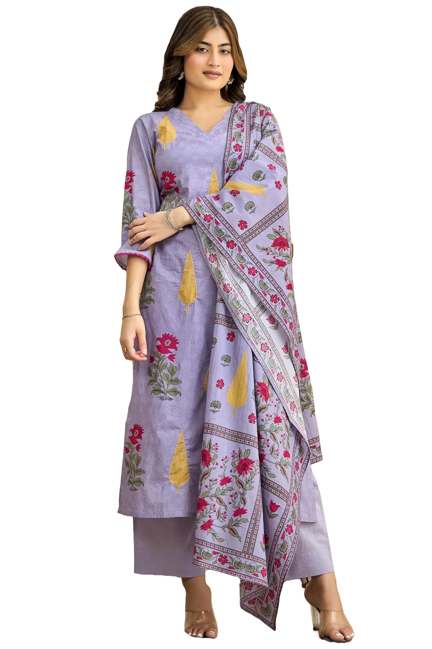 GoSriKi Lavender Printed Kurta Set for Women