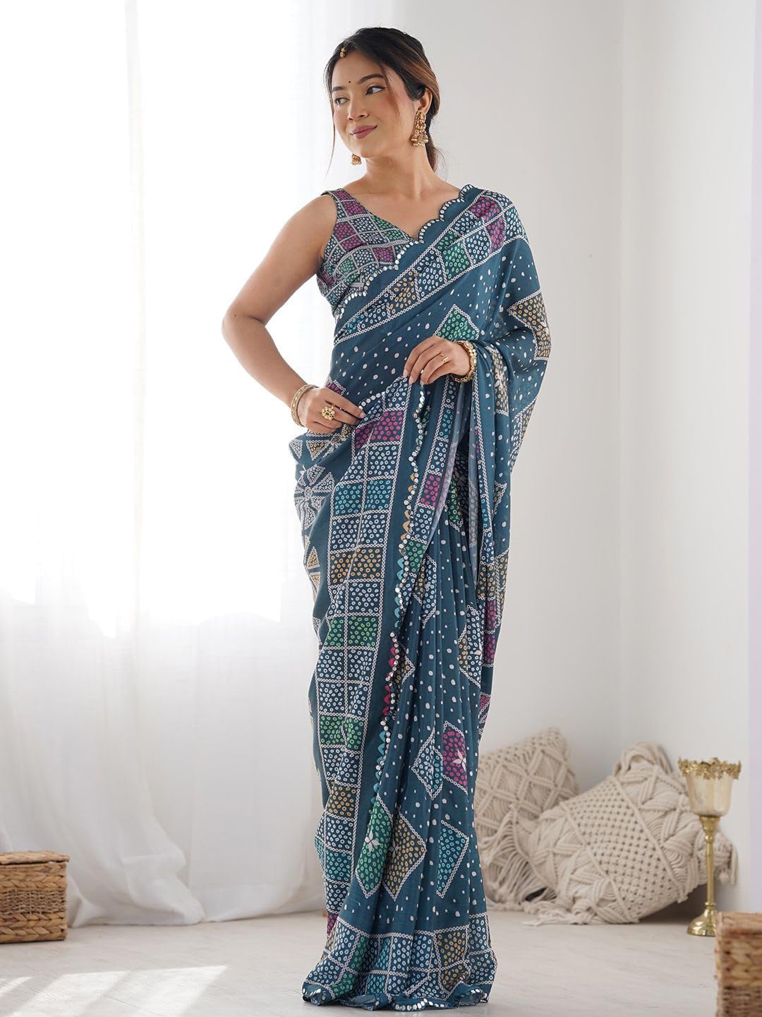 GarbGlide Women's Georgette Saree - Bandhani - Image 2