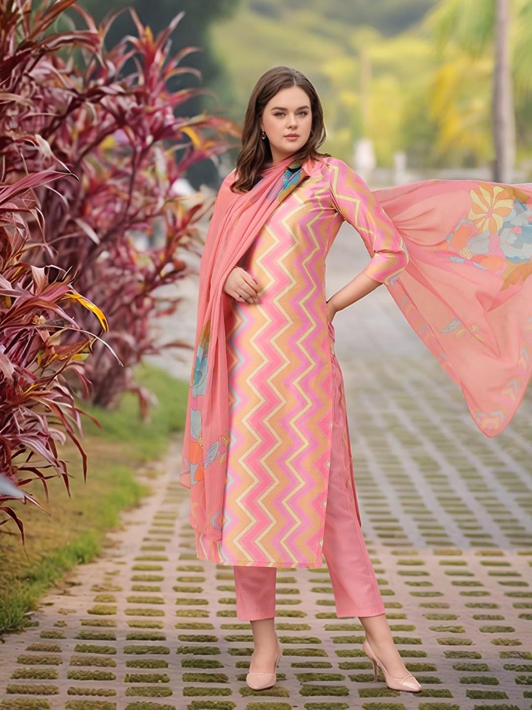 ANNI DESIGNER Women's Rayon Viscose Kurta with Pant & Dupatta - Pink - Image 3