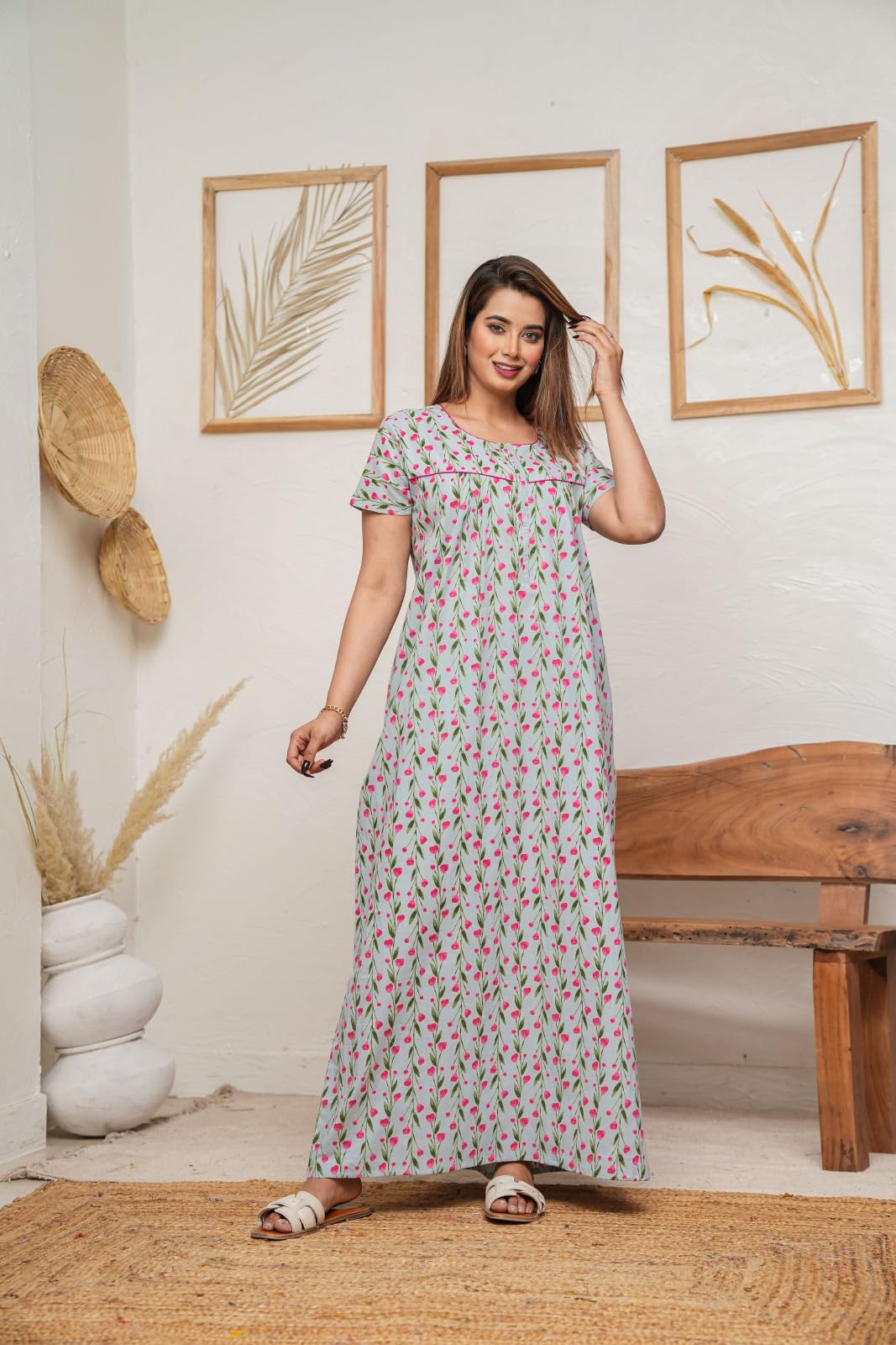 Urali Grey Cotton Night Gown for Women - Image 2