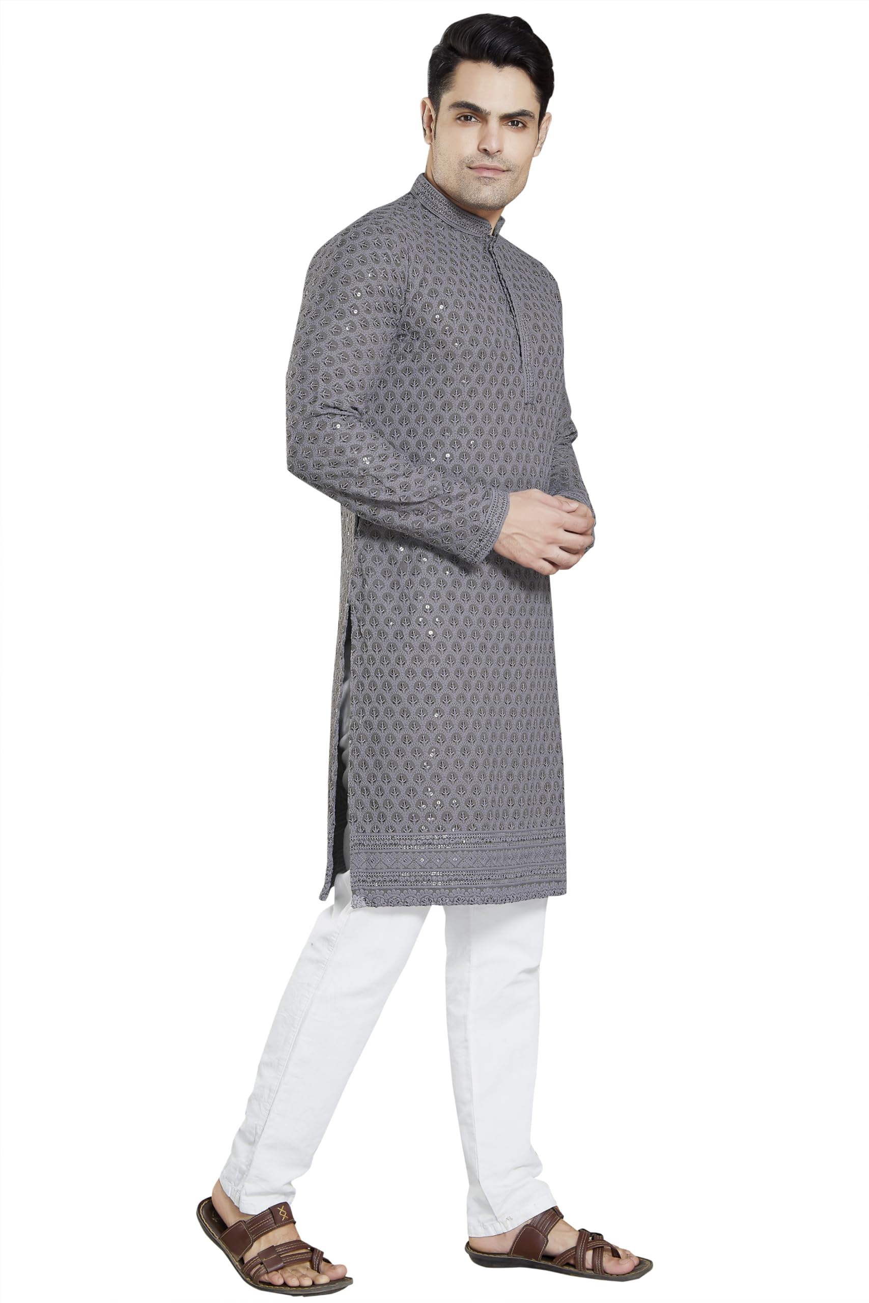 DIVISIVE Men's Charcoal Grey Sequined Kurta Pyjama - Image 2