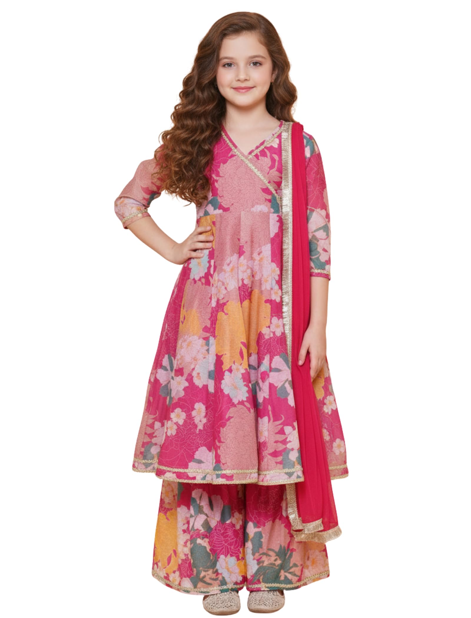 Naixa Girls Floral Printed Sharara Dress Set - Pink