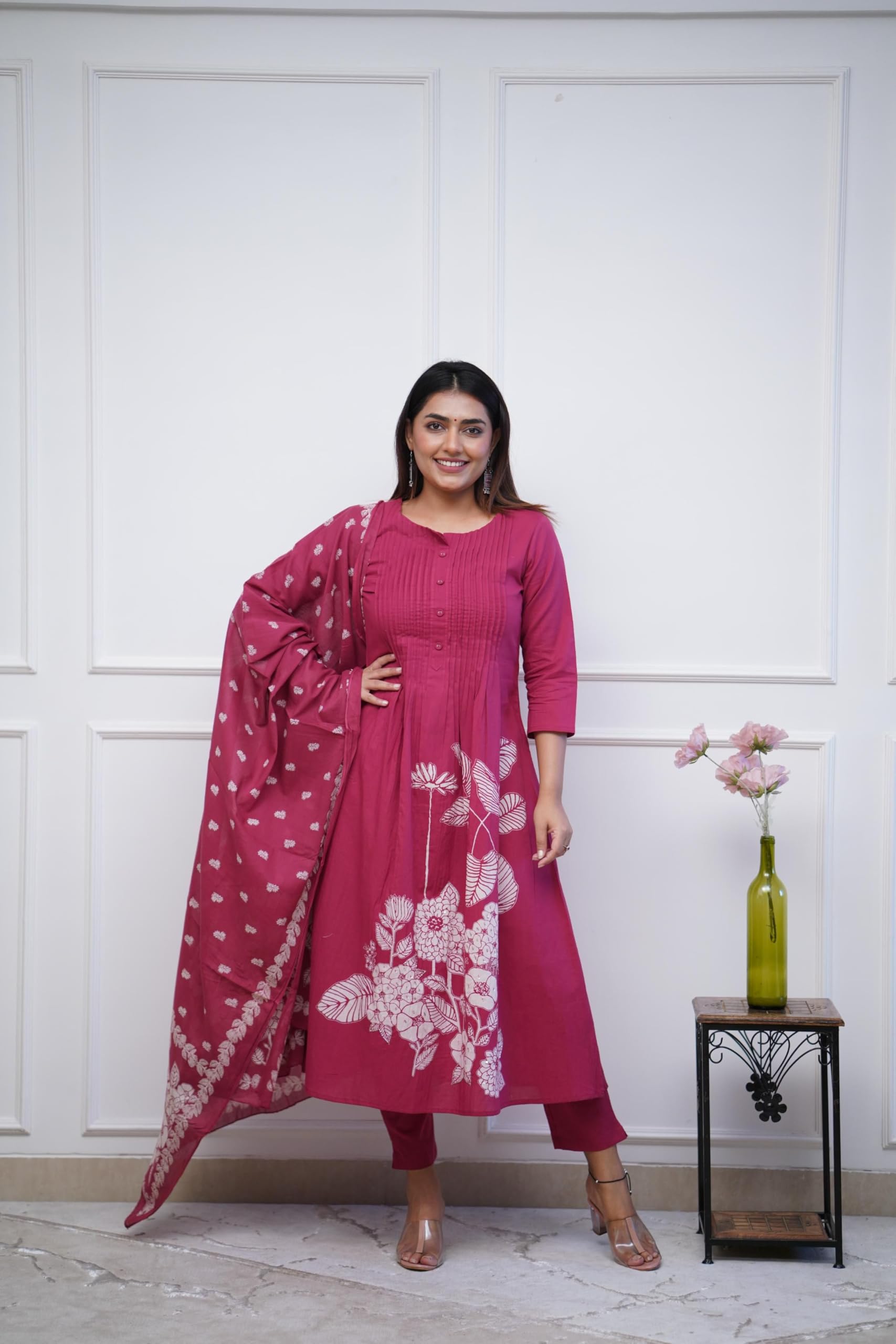 GoSriKi Women's Anarkali Kurta with Pant & Dupatta - Pink - Image 3