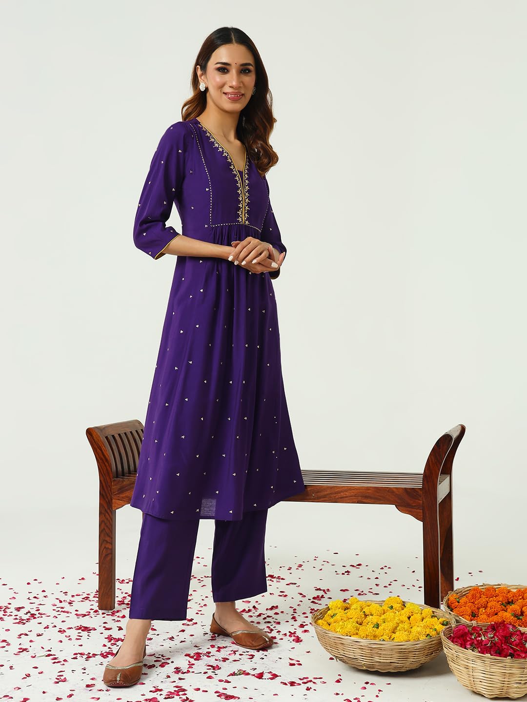 FIORRA Women's Purple Chanderi A-line Kurta - Image 3