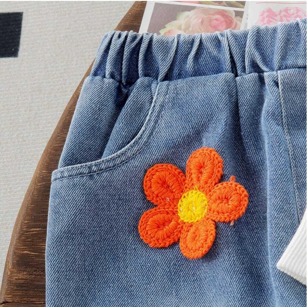 Naina Girls Party Top Bottom Set - White & Denim Blue - Image 4