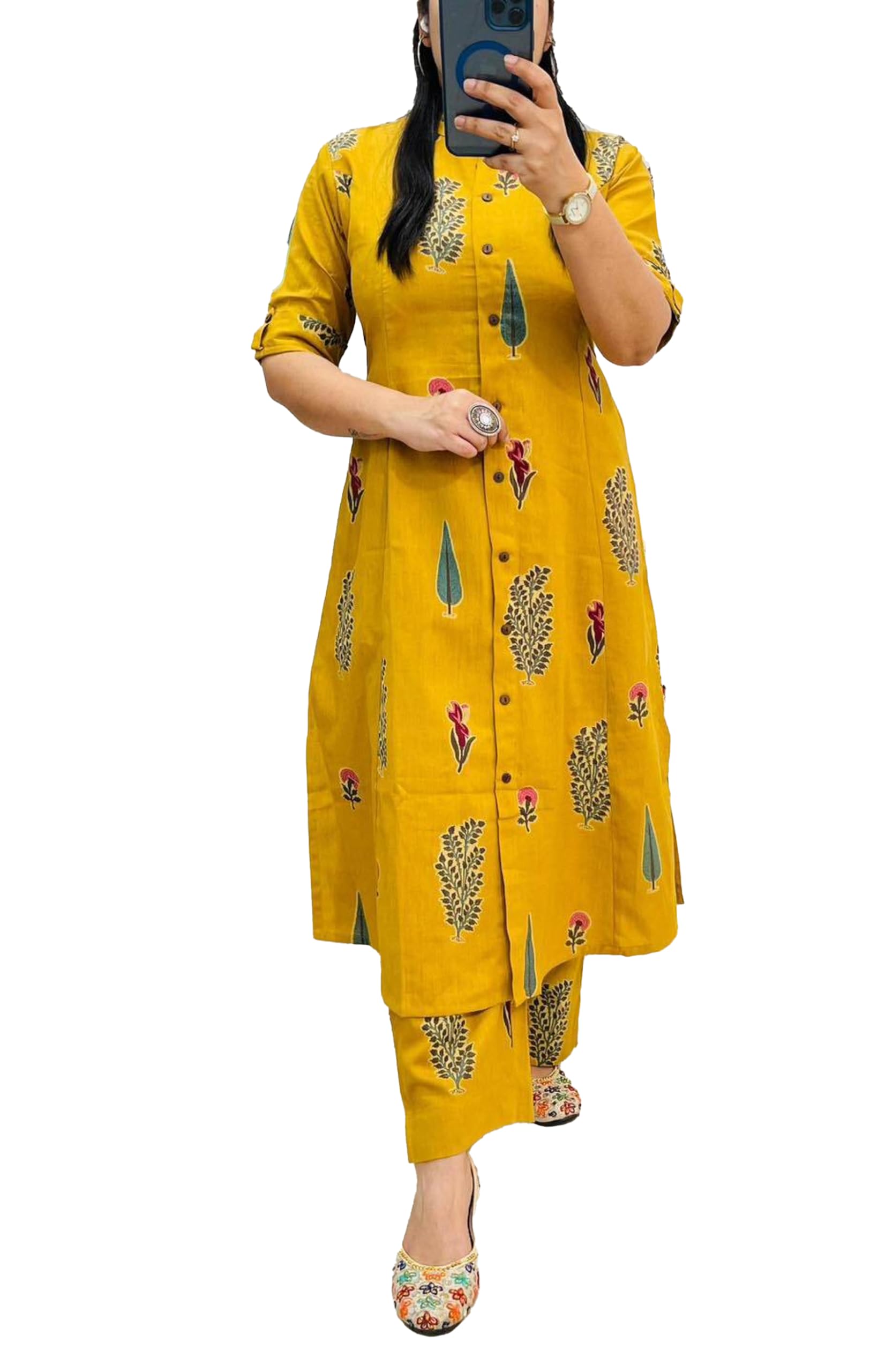 GEHU Women Mustard Yellow Cotton Printed Kurta Set