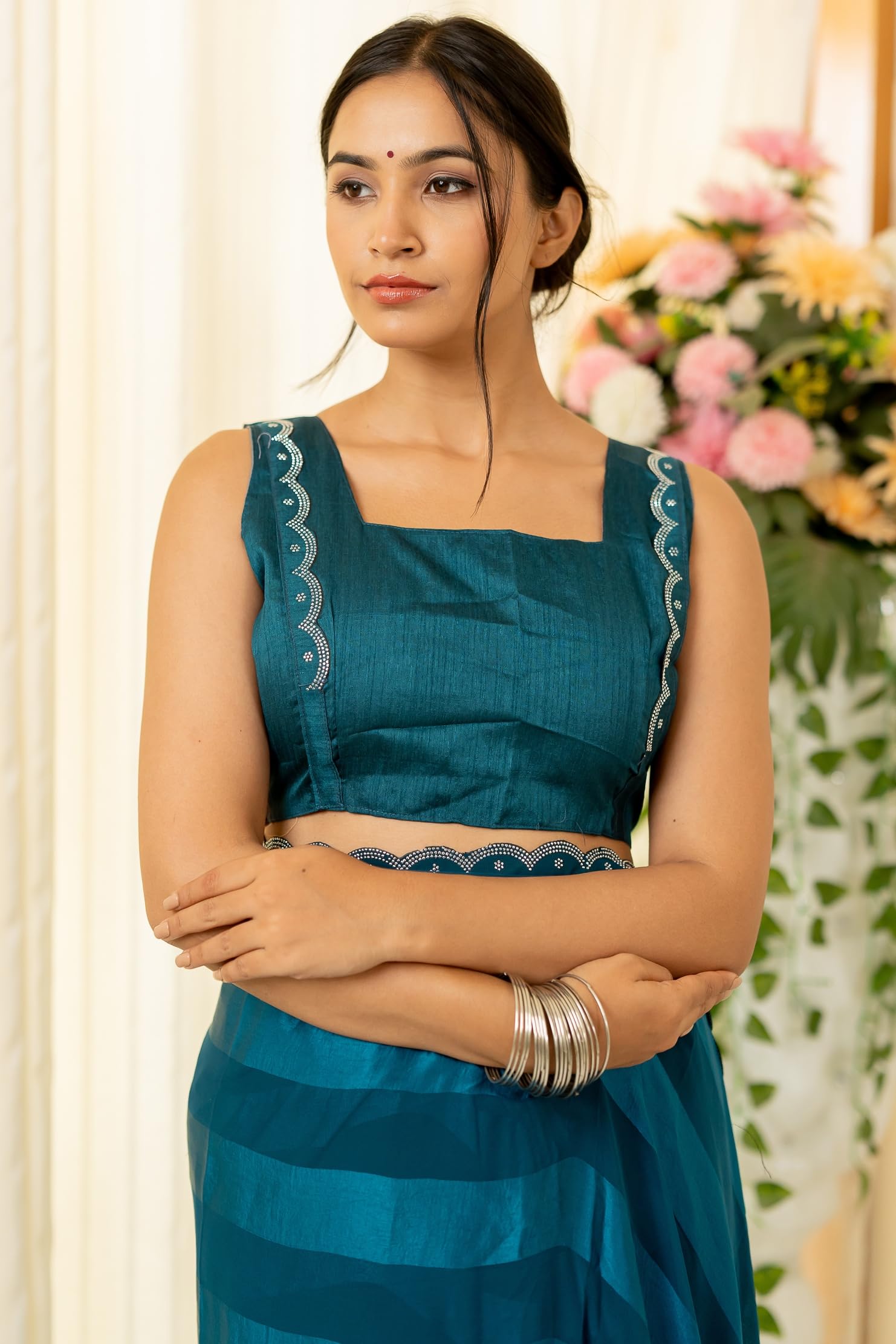 Subham Women Georgette Satin Saree - Dark Rama Blue - Image 5