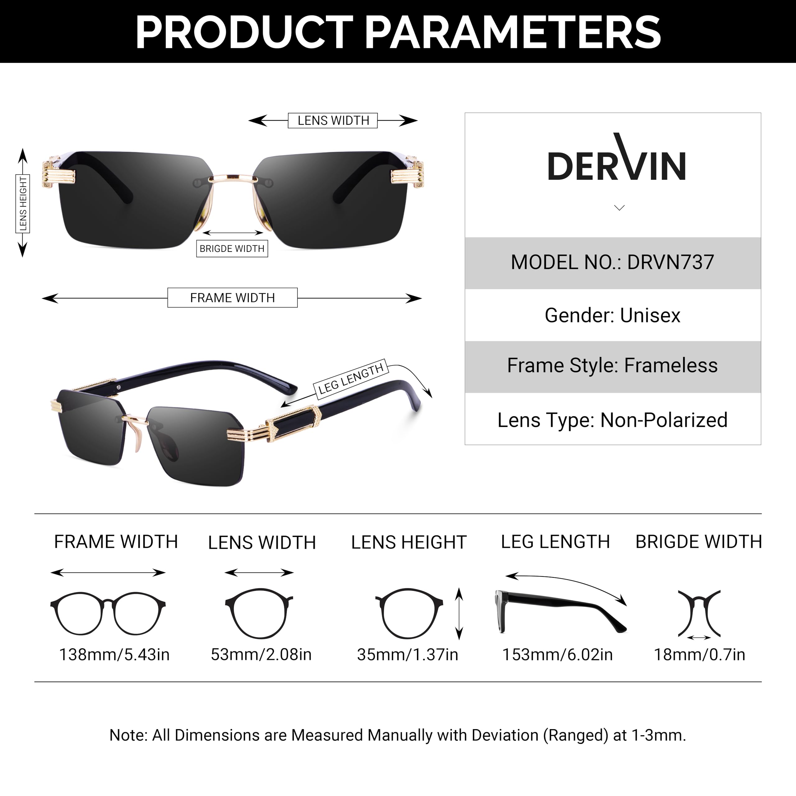 Dervin Rectangular Rimless Sunglasses for Men and Women - Black - Image 5