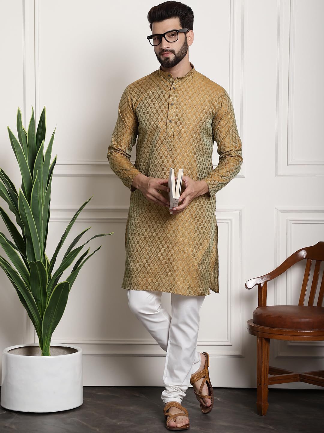SOJANYA Men's Silk Blend Kurta Pyjama - Mustard - Image 2