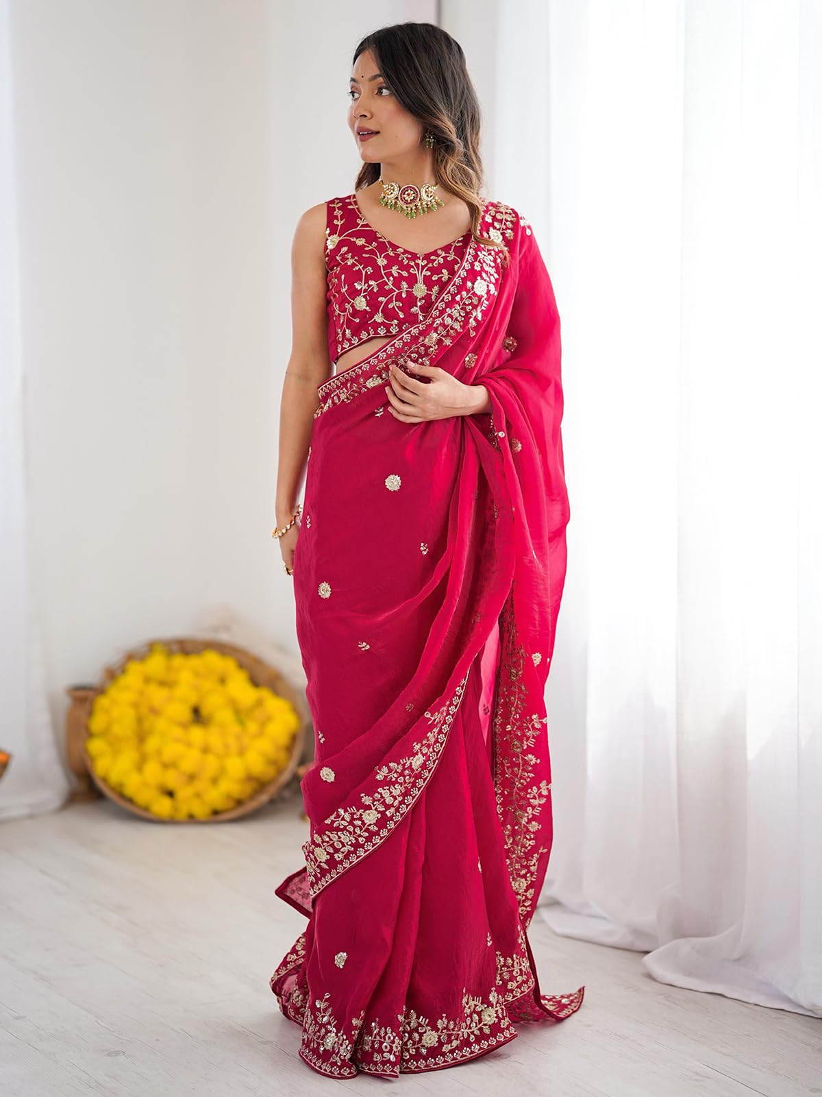 Satrani Women's Silk Sequins Embroidery Saree - Rani Pink - Image 2