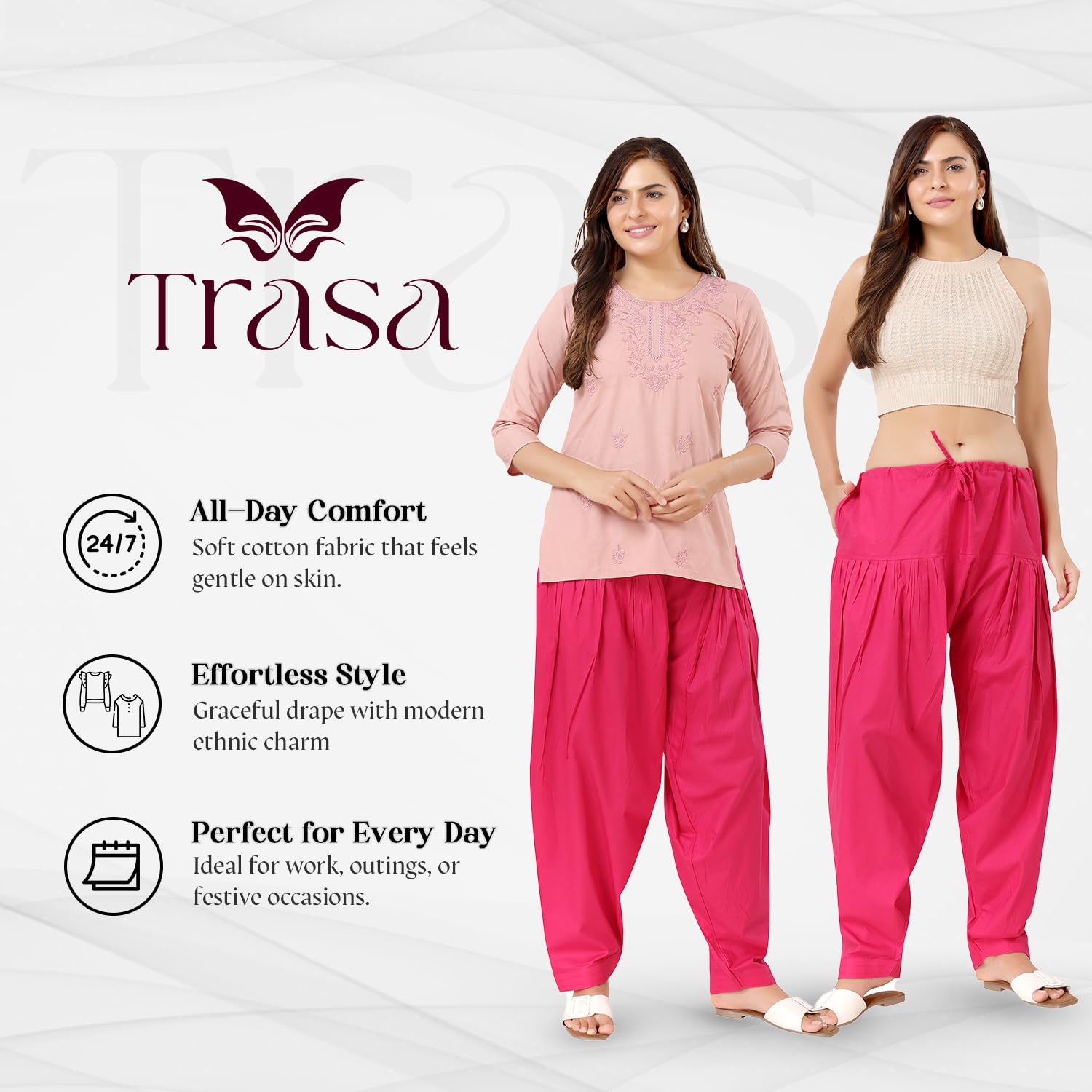 TRASA Semi Patiala Salwar Cotton Pant for Women - Pink - Image 2