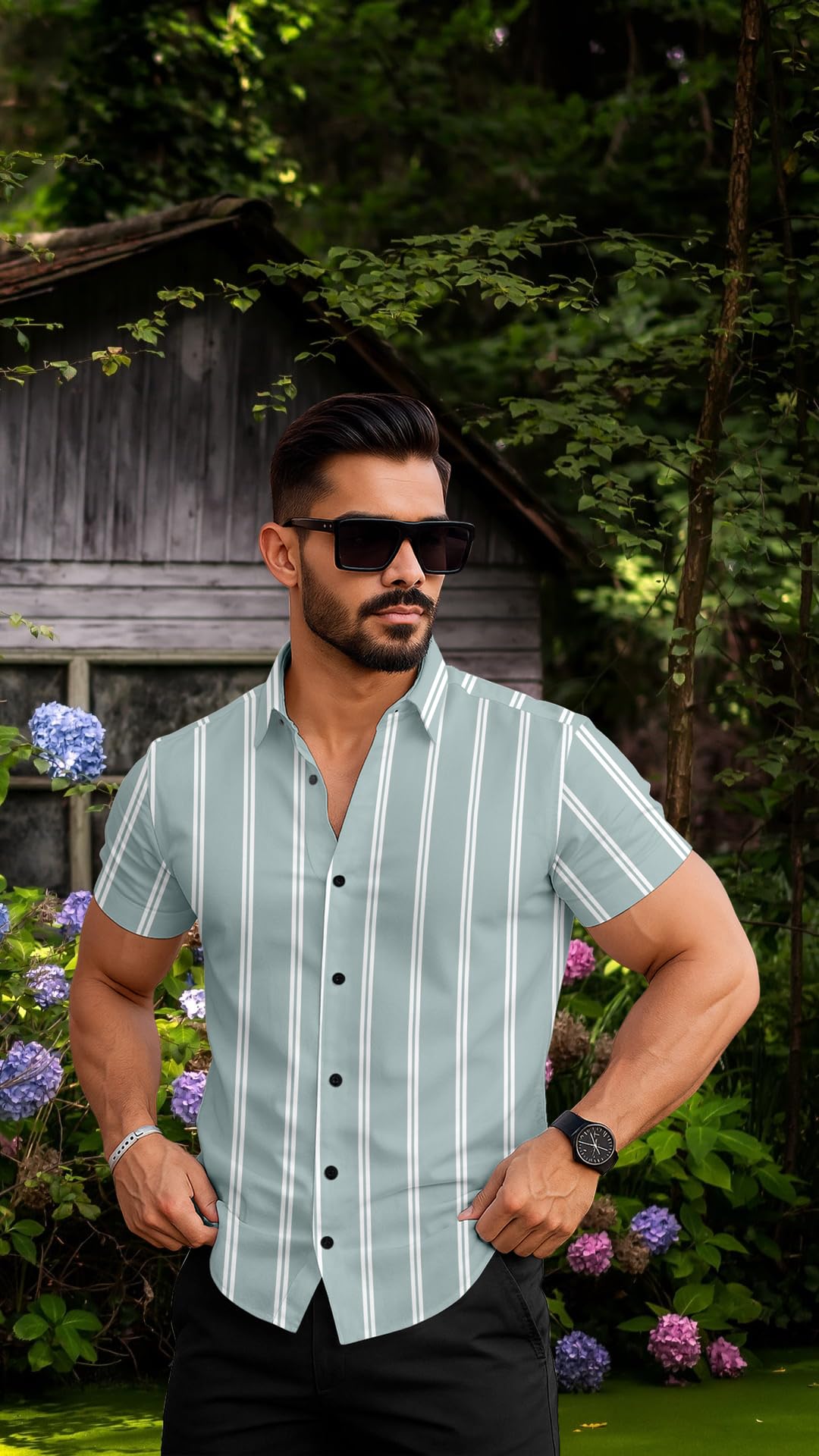 Tlaviya Men's Striped Shirt - Black White Green - Image 4