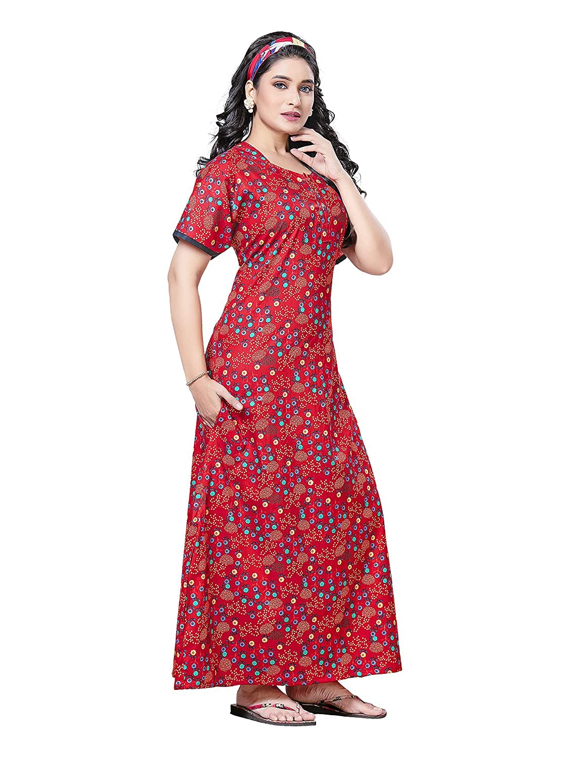 PNAEONG Women's Red Printed Cotton Maxi Nighty - Image 3