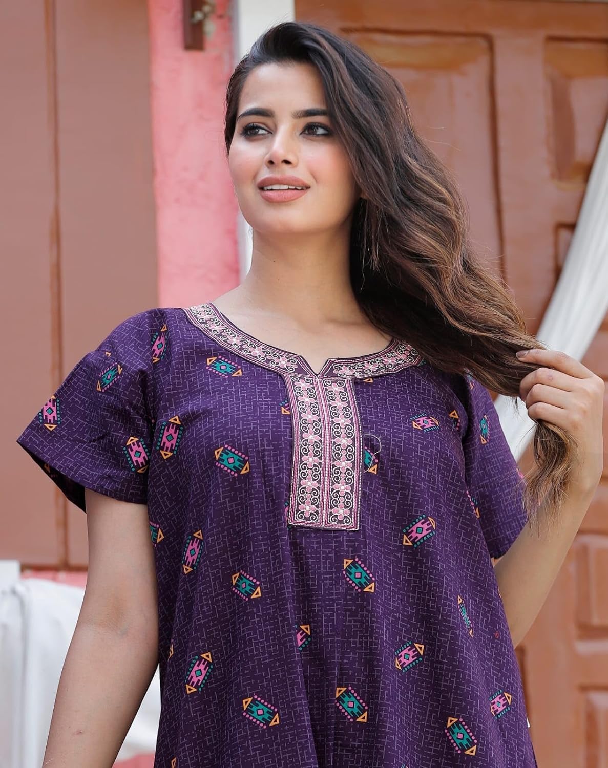 Pure Cotton Jaipuri Maxi Nighty for Women - Purple - Image 3