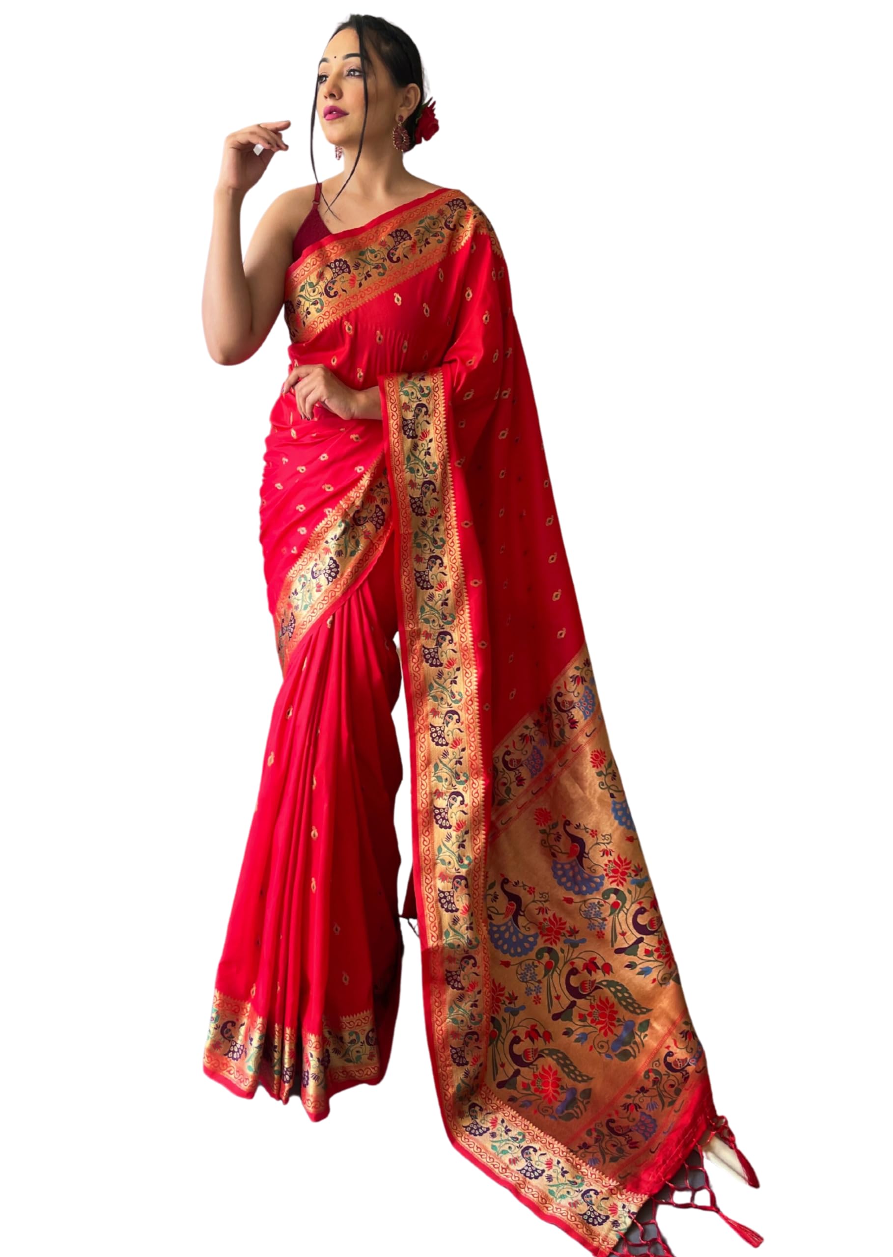 GarbGlide Women's Paithani Lichi Silk Saree - Red