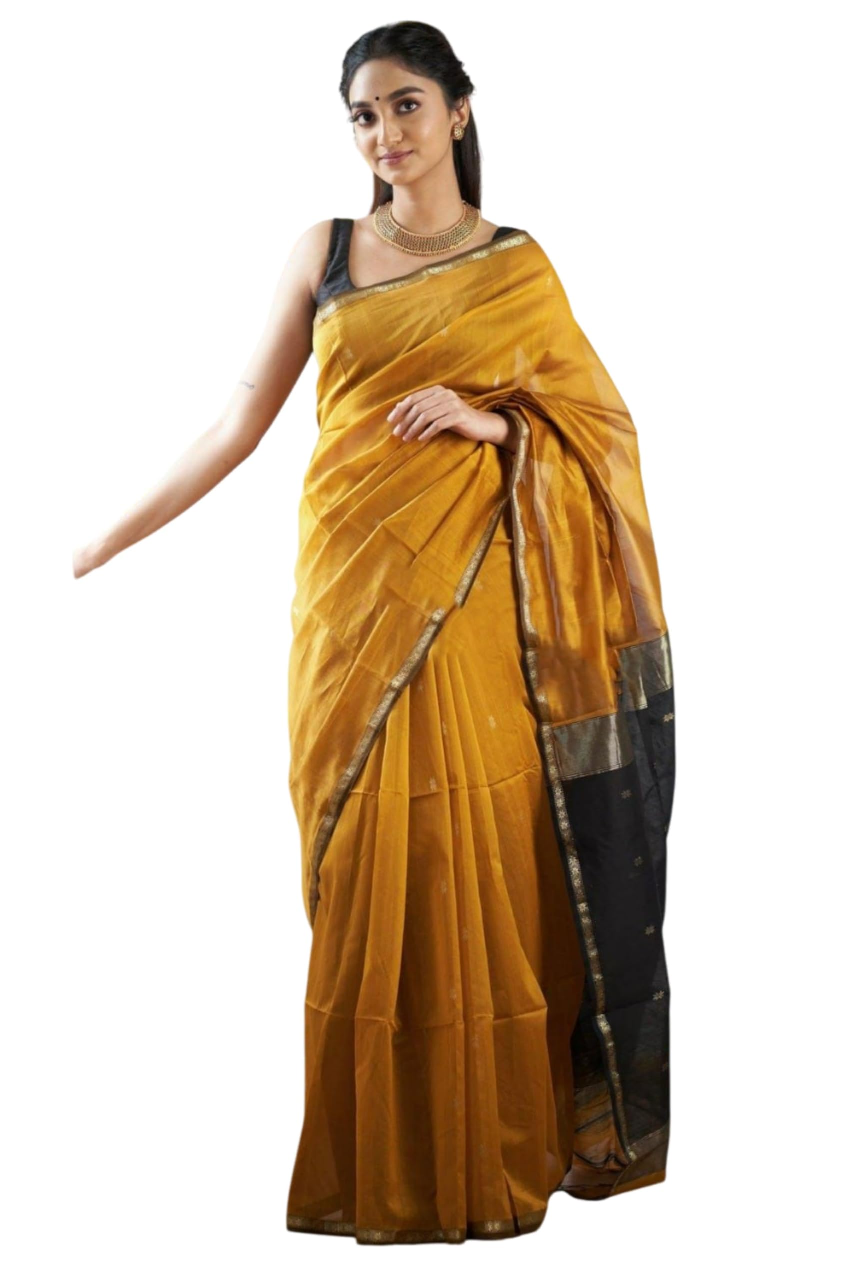 Cotton Linen Saree with Gold Zari Work