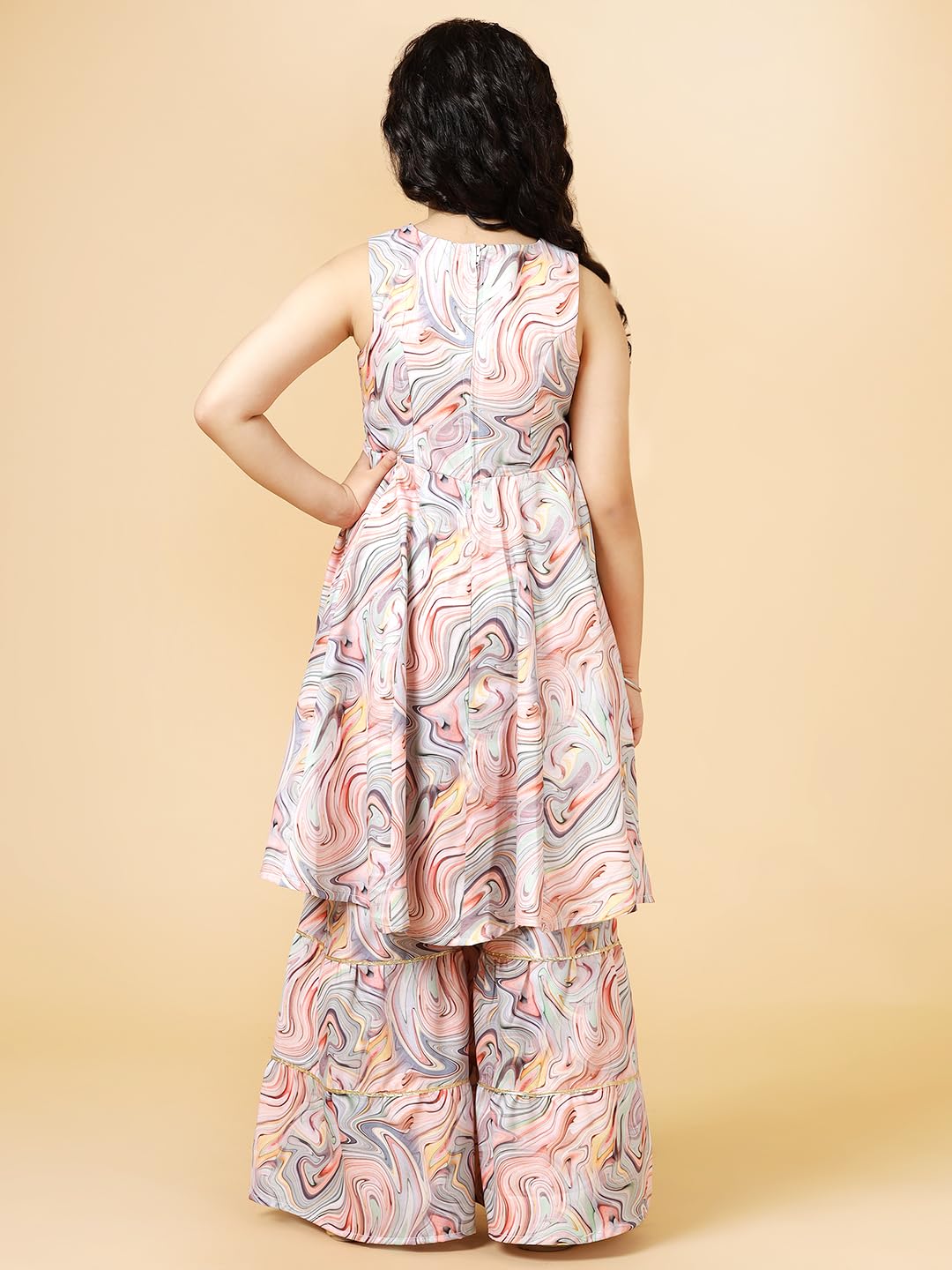 A.T.U.N. Girls Peach Printed Sharara Set with Lace - Image 5