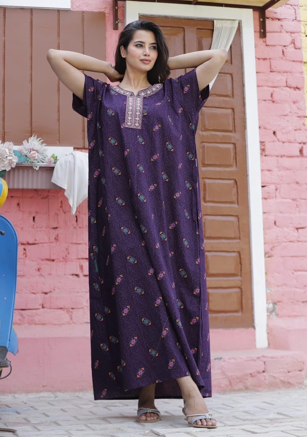 Pure Cotton Jaipuri Maxi Nighty for Women - Purple - Image 4