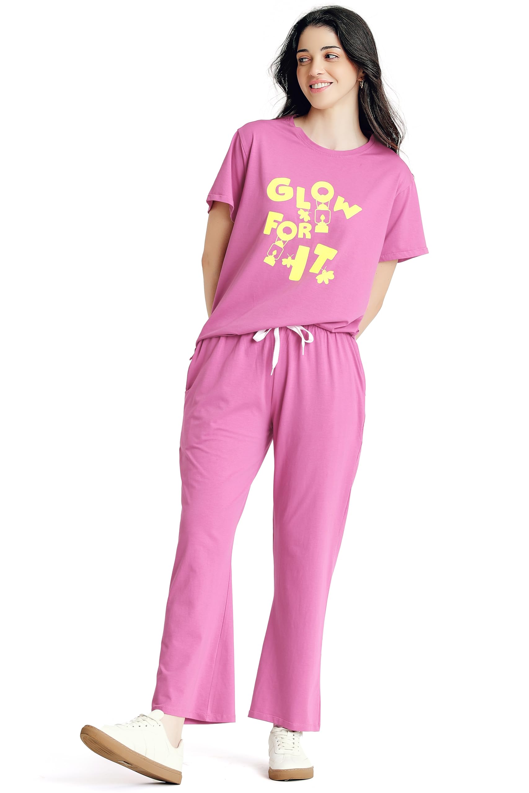 ZEYO Women's Pink Printed Cotton Lycra Night Suit