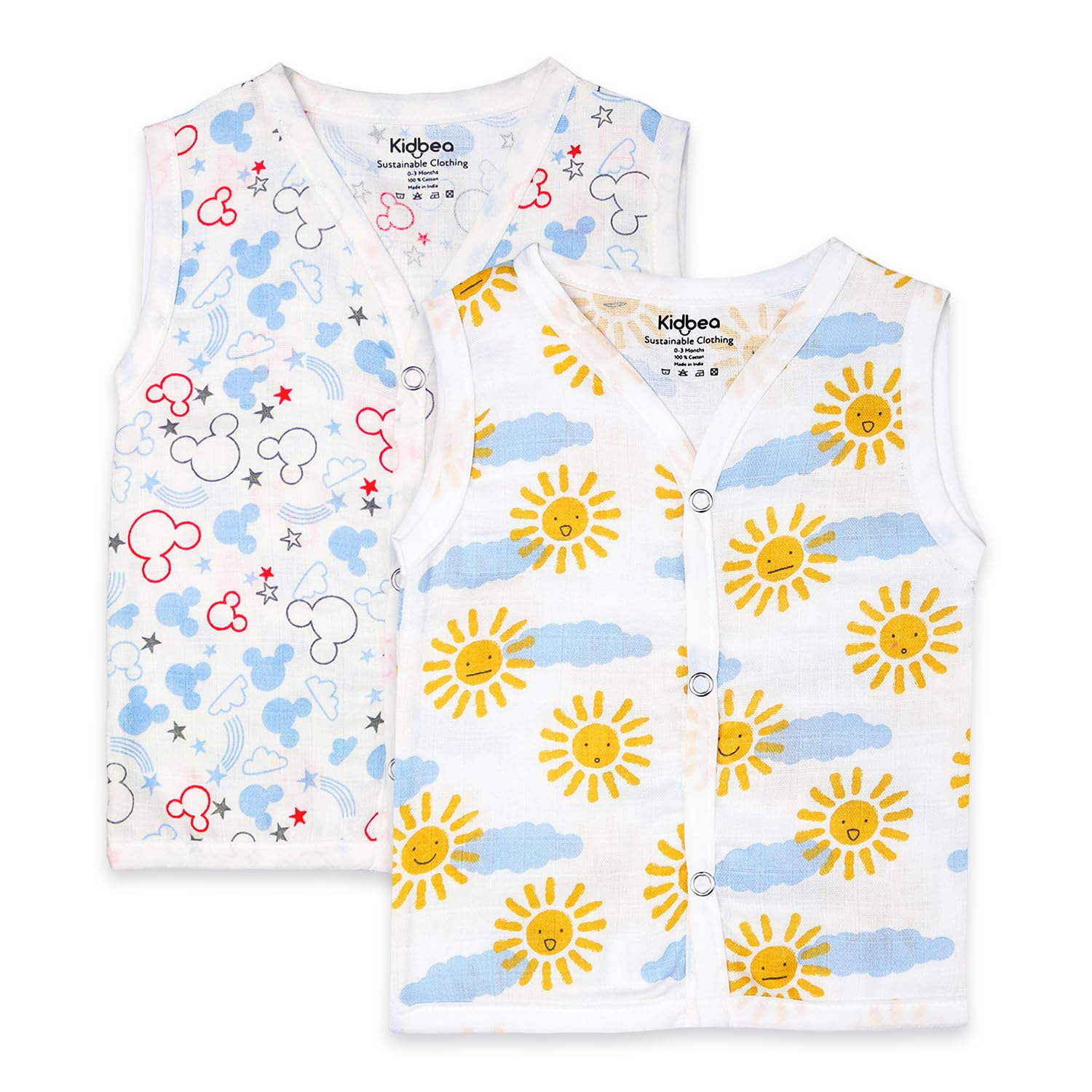 Kidbea Organic Cotton Muslin Button Jhabla for Boys & Girls - White Multi Color