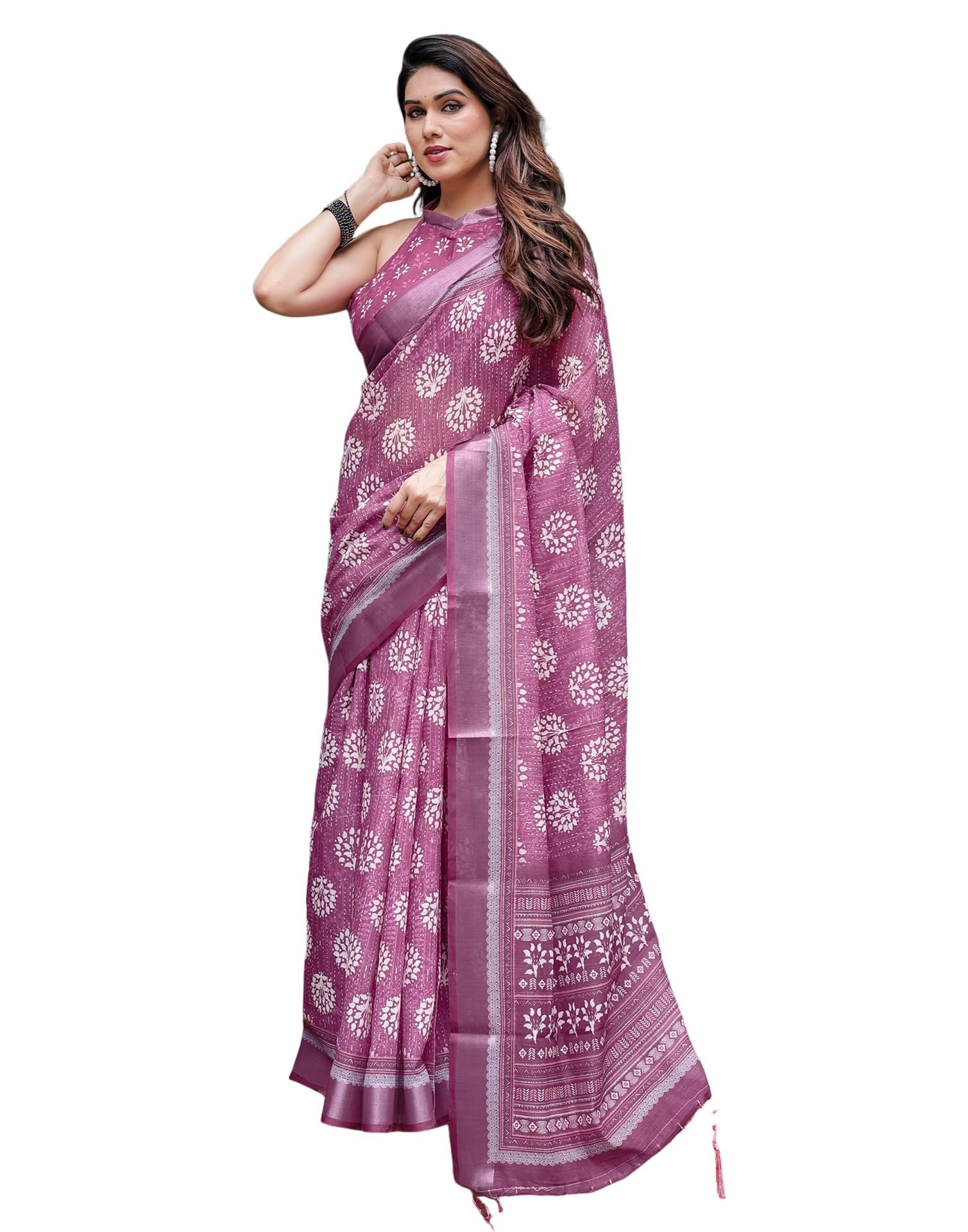 SIRIL Women's Cotton Linen Printed Saree - Pink