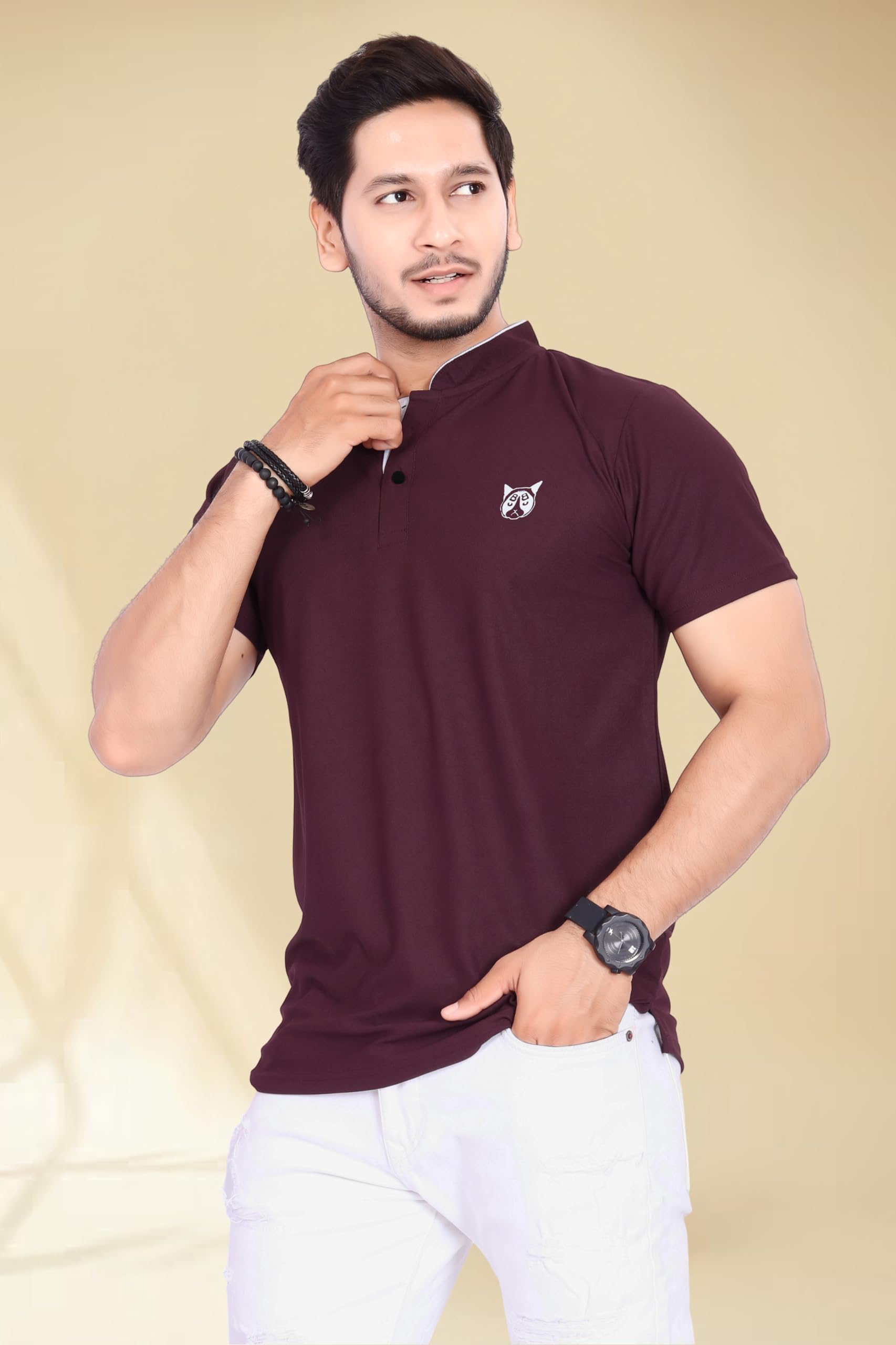 BAGHADBILLO Men's Mandarin Collar Polo T-Shirt - Wine - Image 2