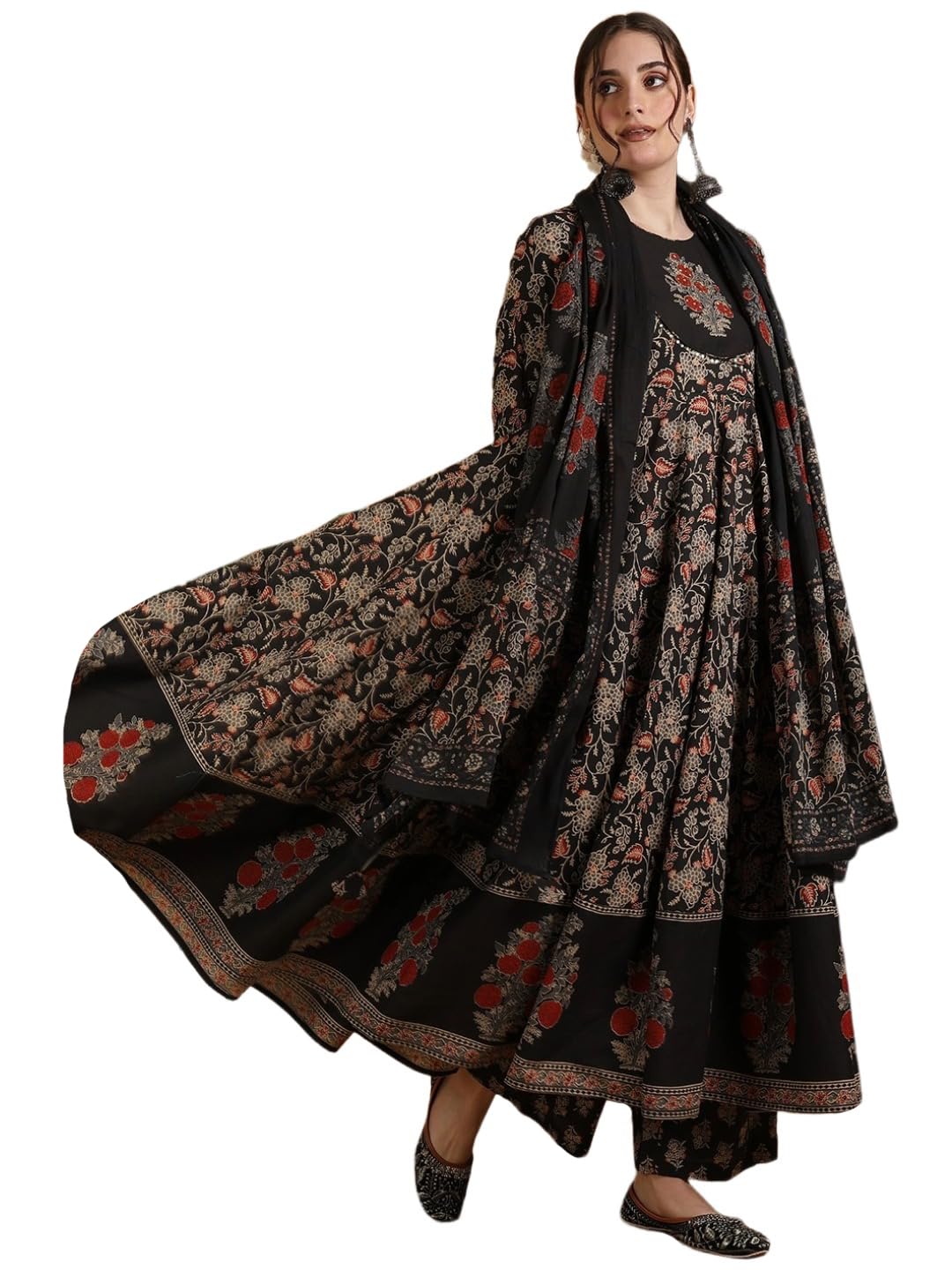 GoSriKi Women's Anarkali Kurta with Pant & Dupatta - Black