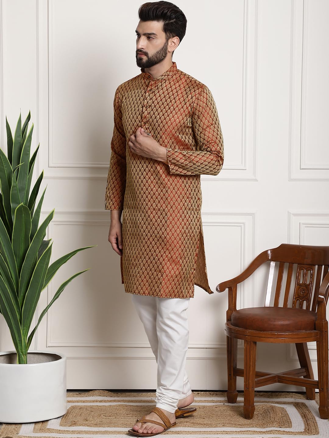 SOJANYA Men's Kurta and Churidar Pyjama Set - Orange White - Image 3