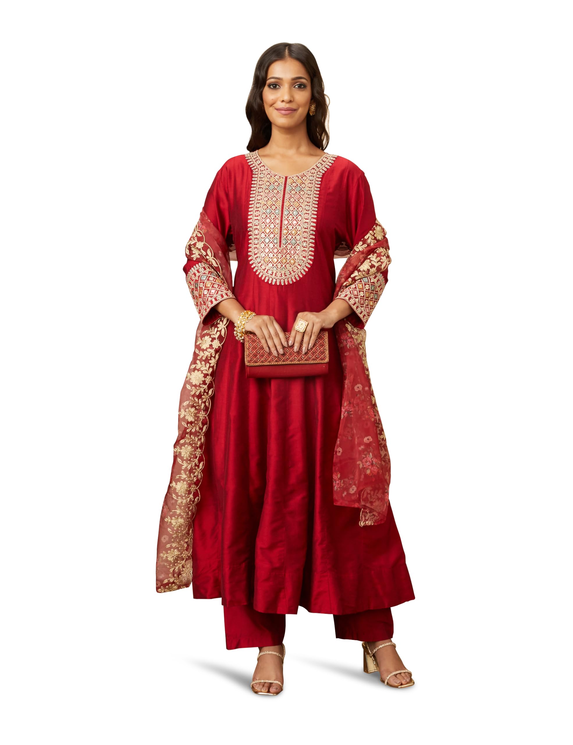 Myx Women's Embroidered Anarkali Kurta Set - Deep Red