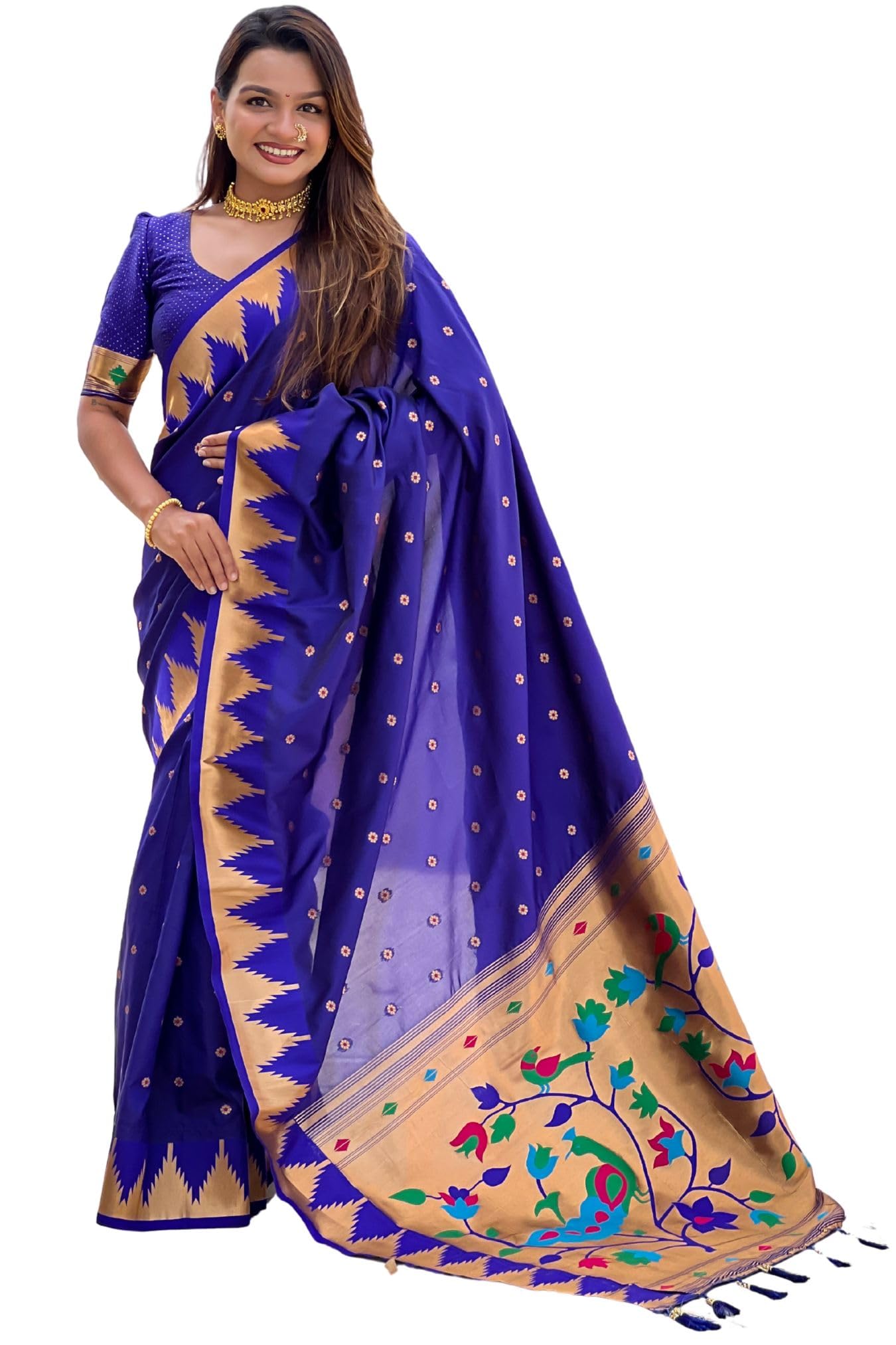 GarbGlide Women Paithani Lichi Silk Saree - Dark Blue