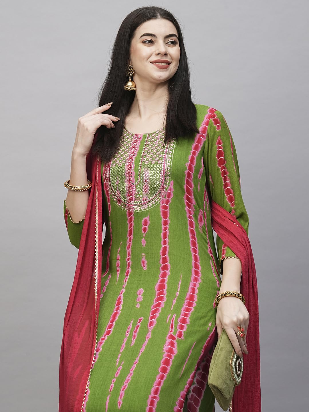 GoSriKi Women's Rayon Blend Kurta with Pant & Dupatta - Green - Image 5