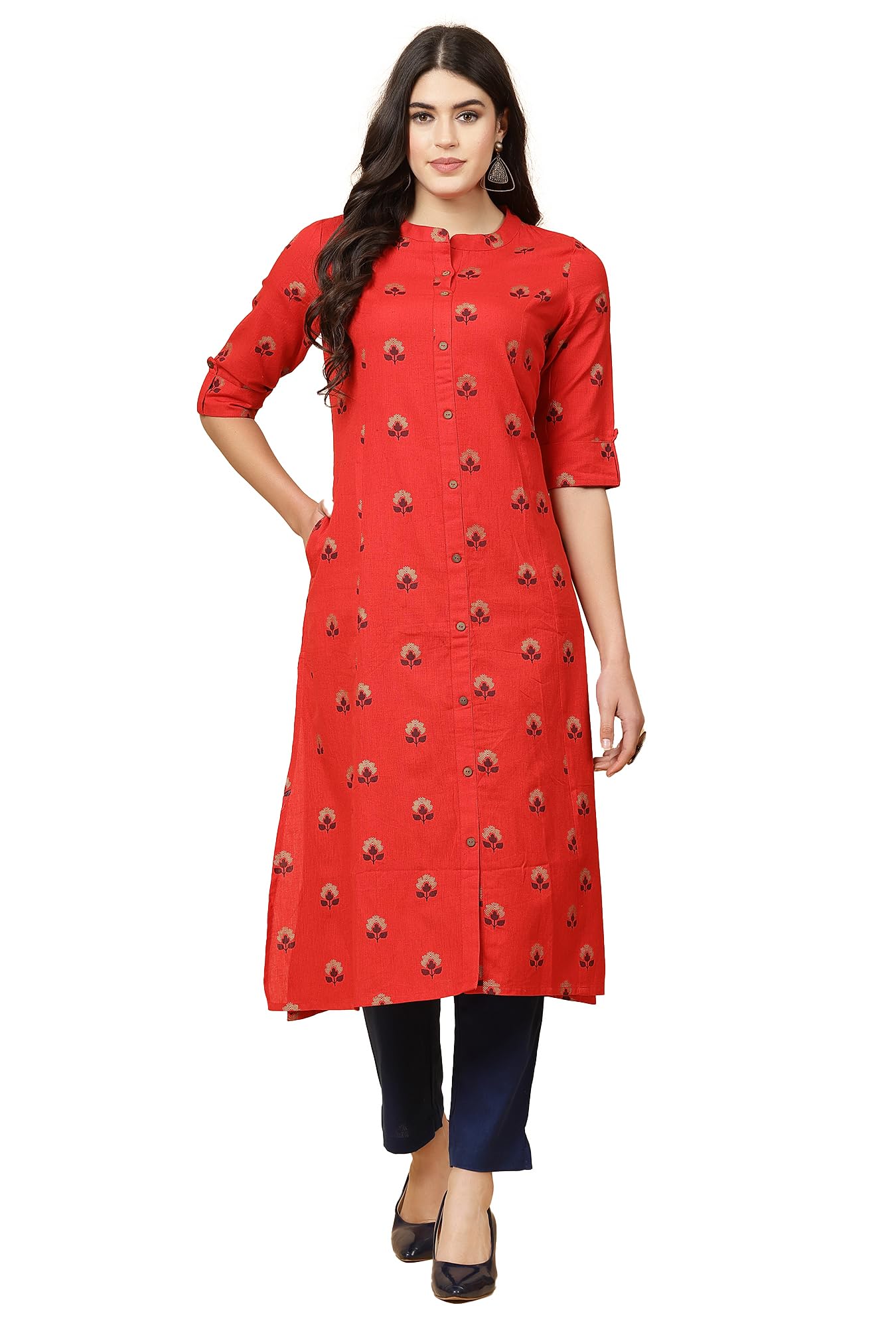 Pistaa Red Cotton A-Line Kurta for Women