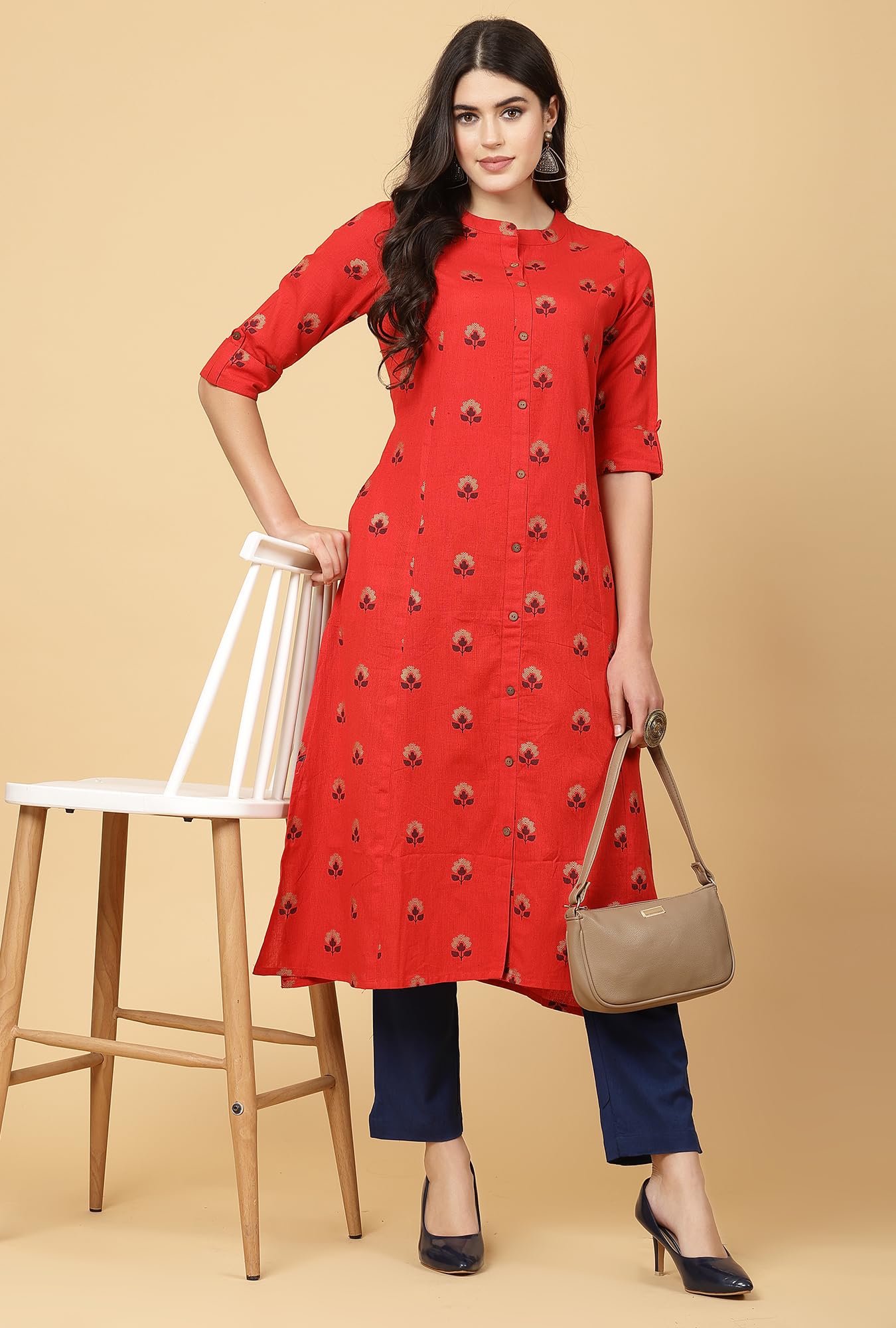 Pistaa Red Cotton A-Line Kurta for Women - Image 2