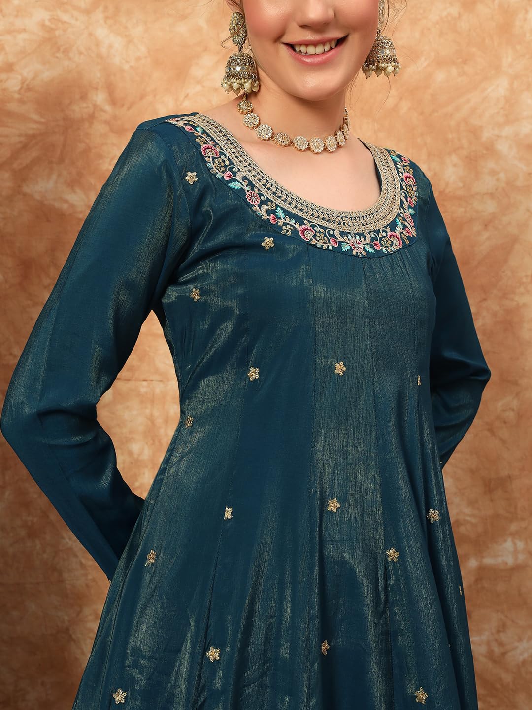 SHOPPING QUEEN Women's Silk Embroidered Kurta Pyjama Set - Prussian Blue - Image 4