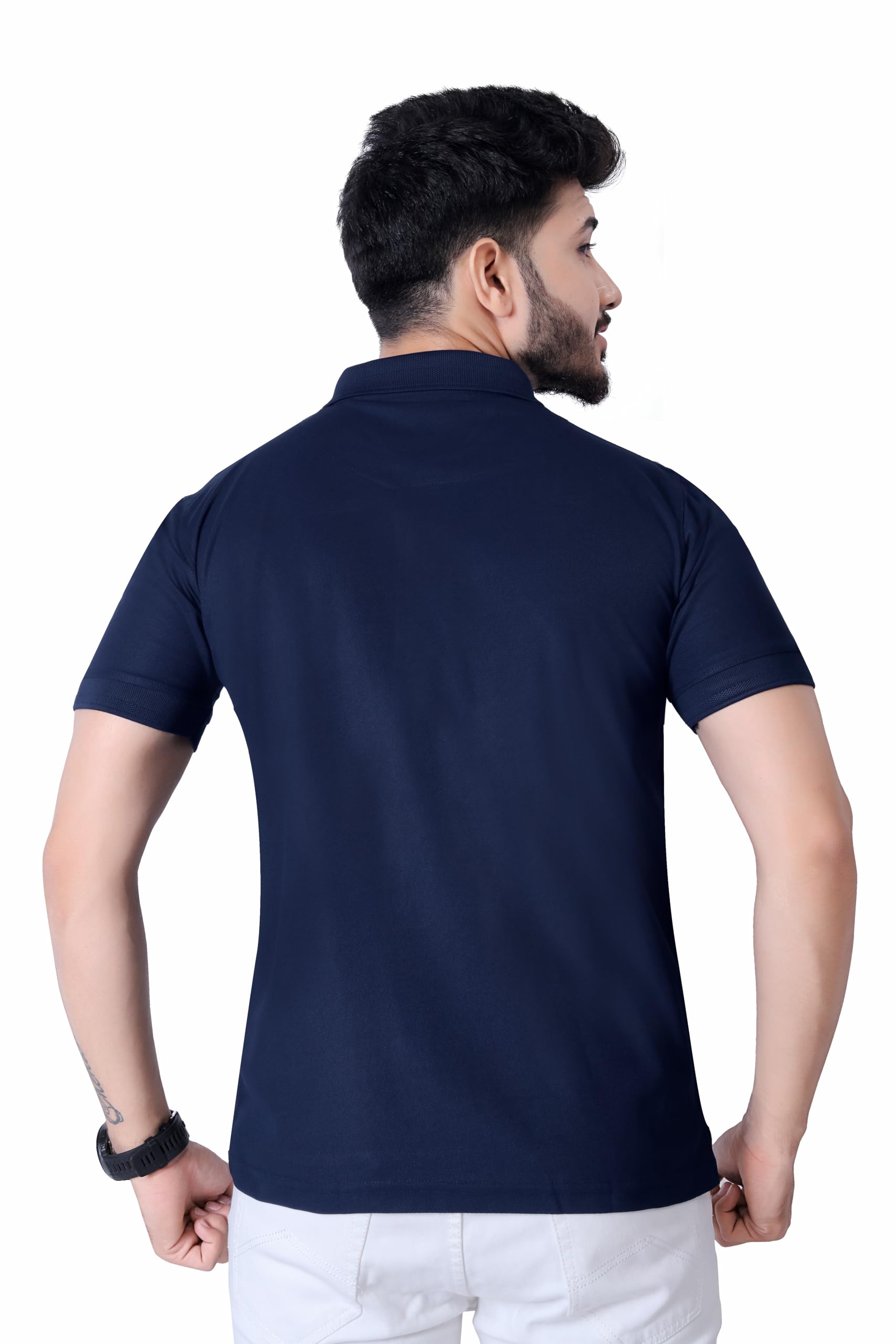 DEE LEAF Men Navy Blue Polo Neck T-Shirt - Image 3