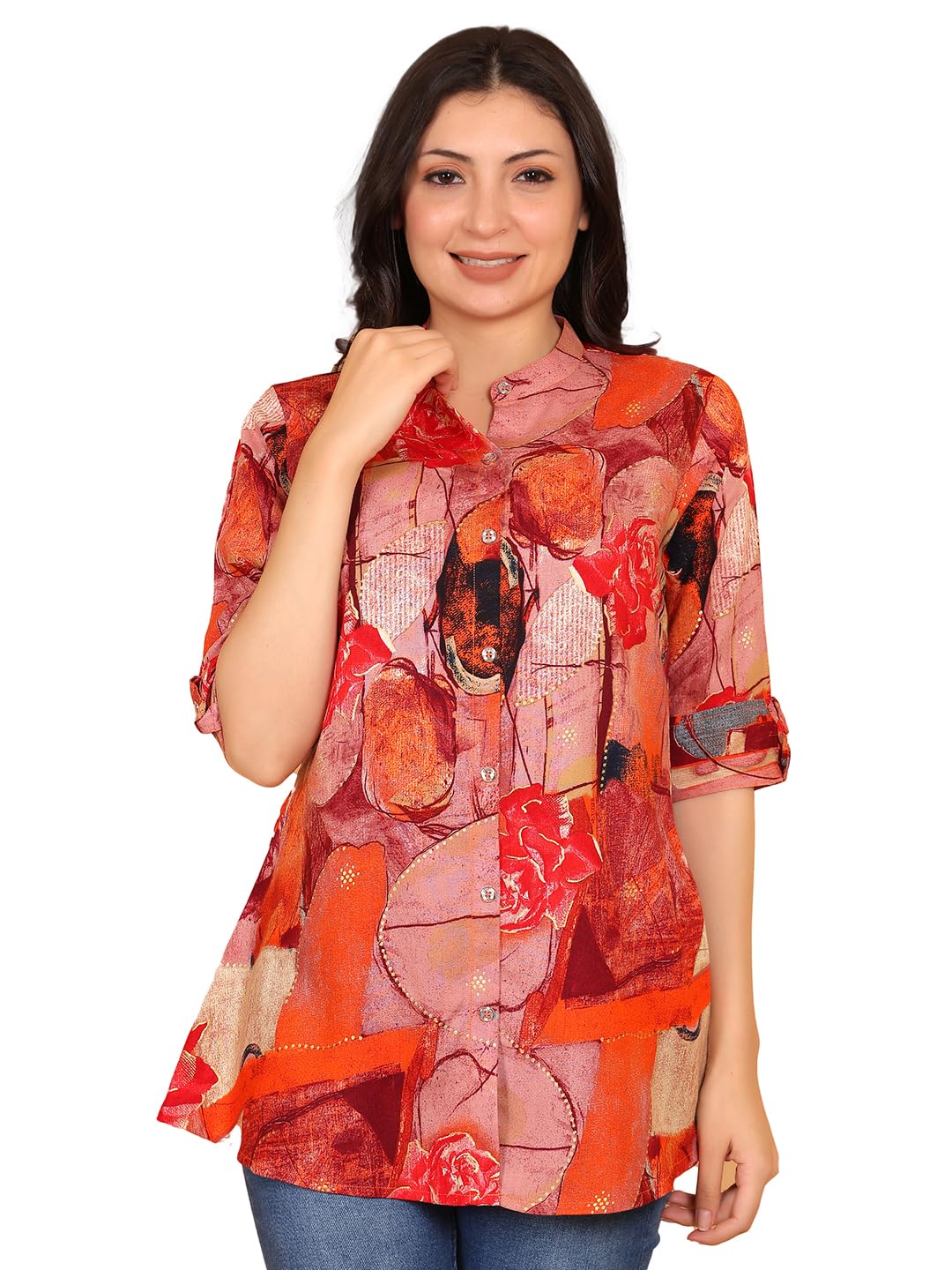 FIMS Orange Abstract Printed Rayon Kurti for Women