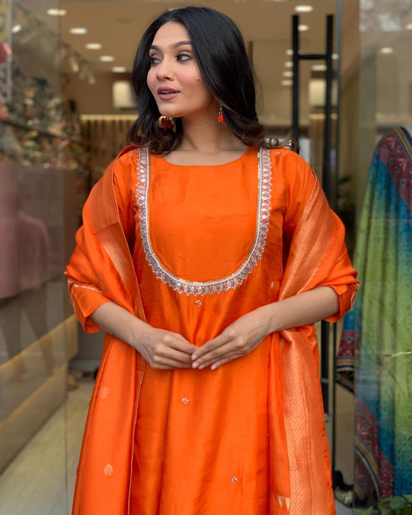 GoSriKi Women's Silk Blend Kurta with Pant & Dupatta - Orange - Image 5
