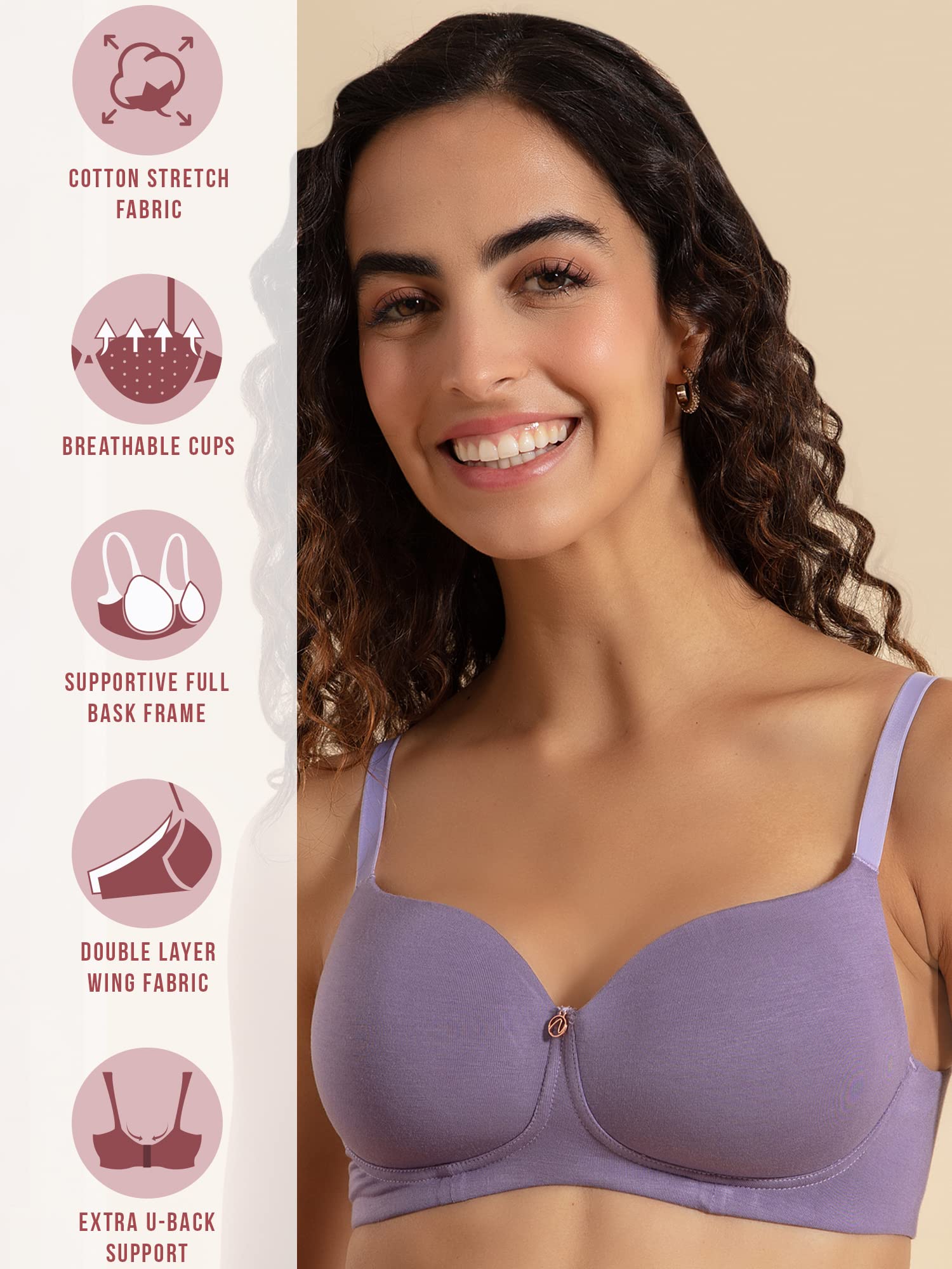 NYKD Wireless Cotton T-Shirt Bra for Women - Purple - Image 2