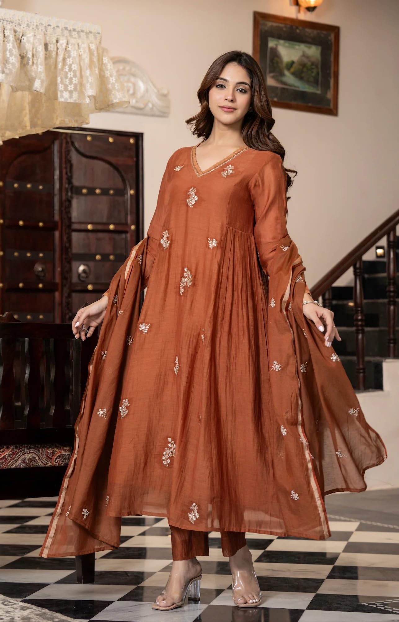 Anarkali Kurta Pant Dupatta Set for Women - Orange Embroidered - Image 5